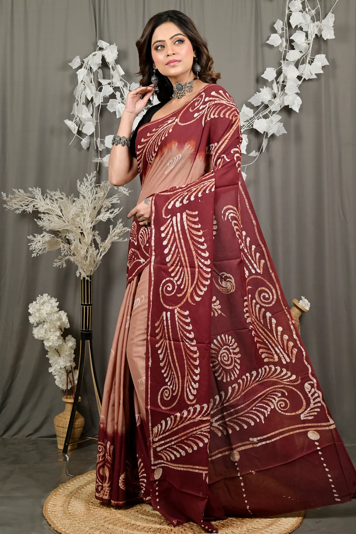 DipDiya Pure Cotton Brown Pihu Grace of Bengal Batik Print Sarees