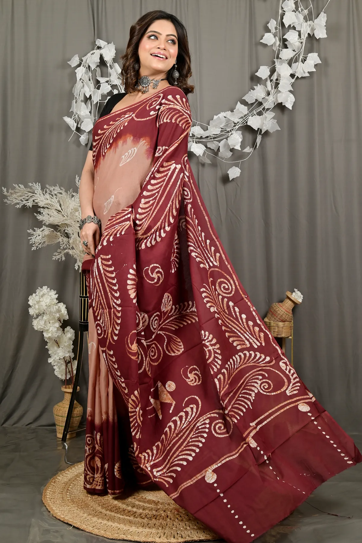 DipDiya Pure Cotton Brown Pihu Grace of Bengal Batik Print Sarees