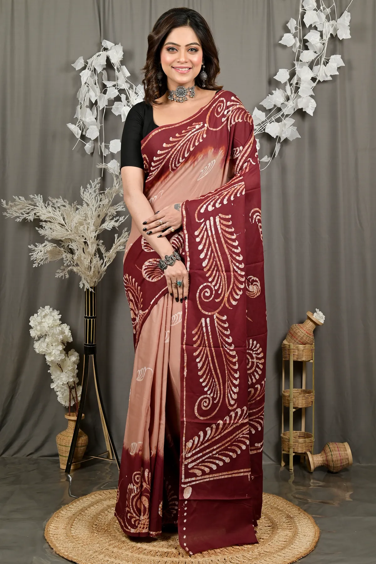 DipDiya Pure Cotton Brown Pihu Grace of Bengal Batik Print Sarees