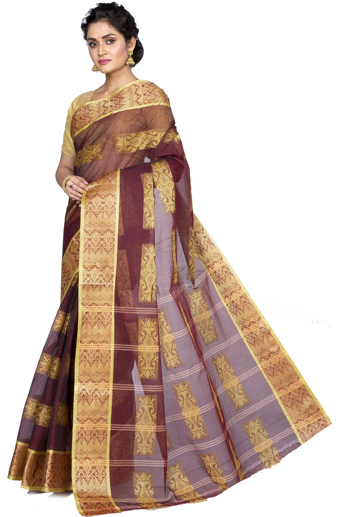 DipDiya Pure Cotton Brown Strip Suparna Masterfully Woven Tant Sarees