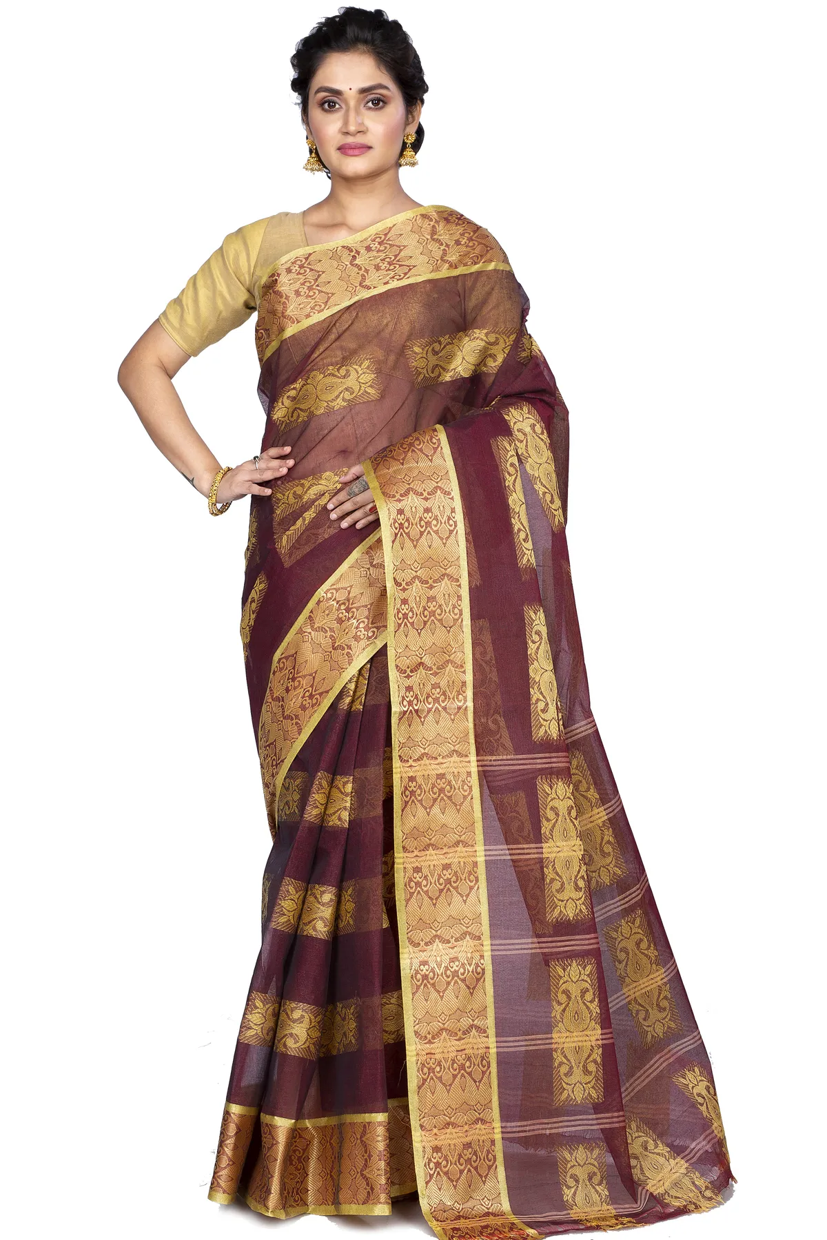 DipDiya Pure Cotton Brown Strip Suparna Masterfully Woven Tant Sarees