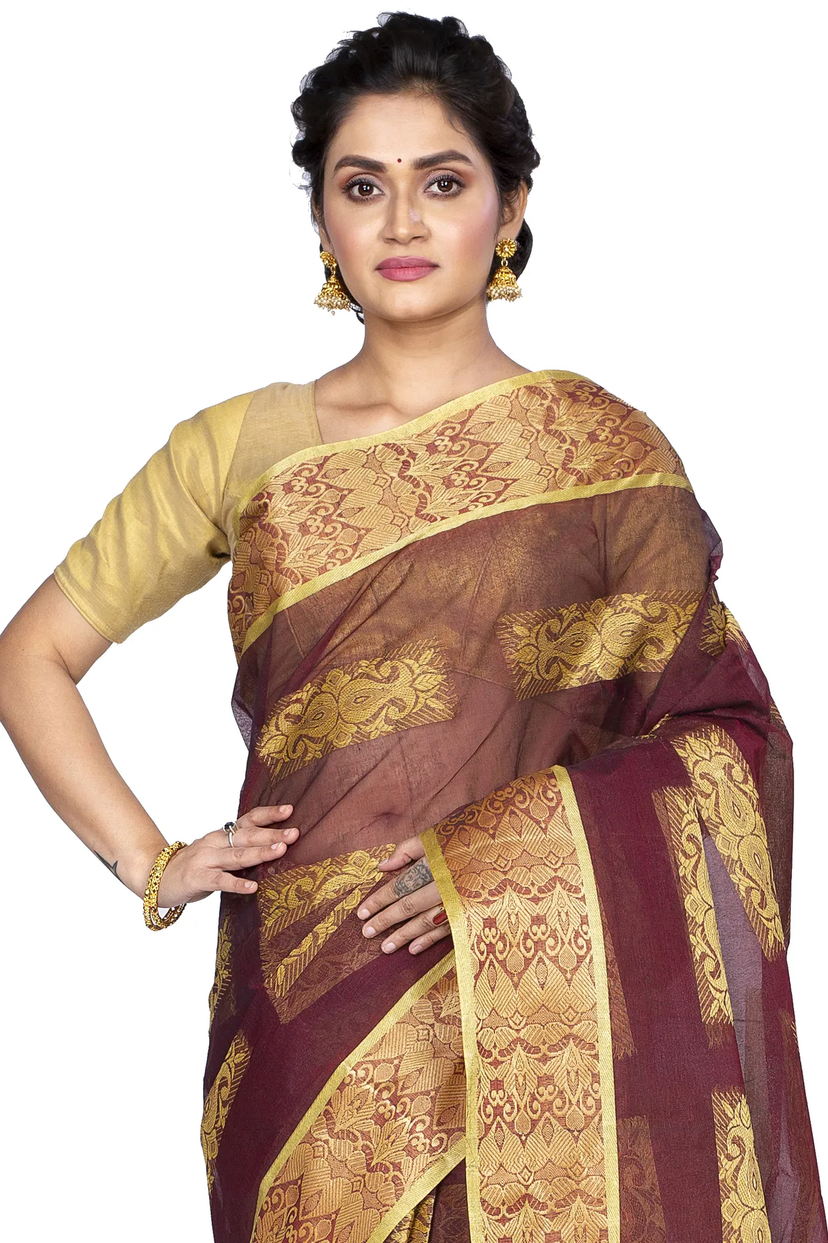 DipDiya Pure Cotton Brown Strip Suparna Masterfully Woven Tant Sarees