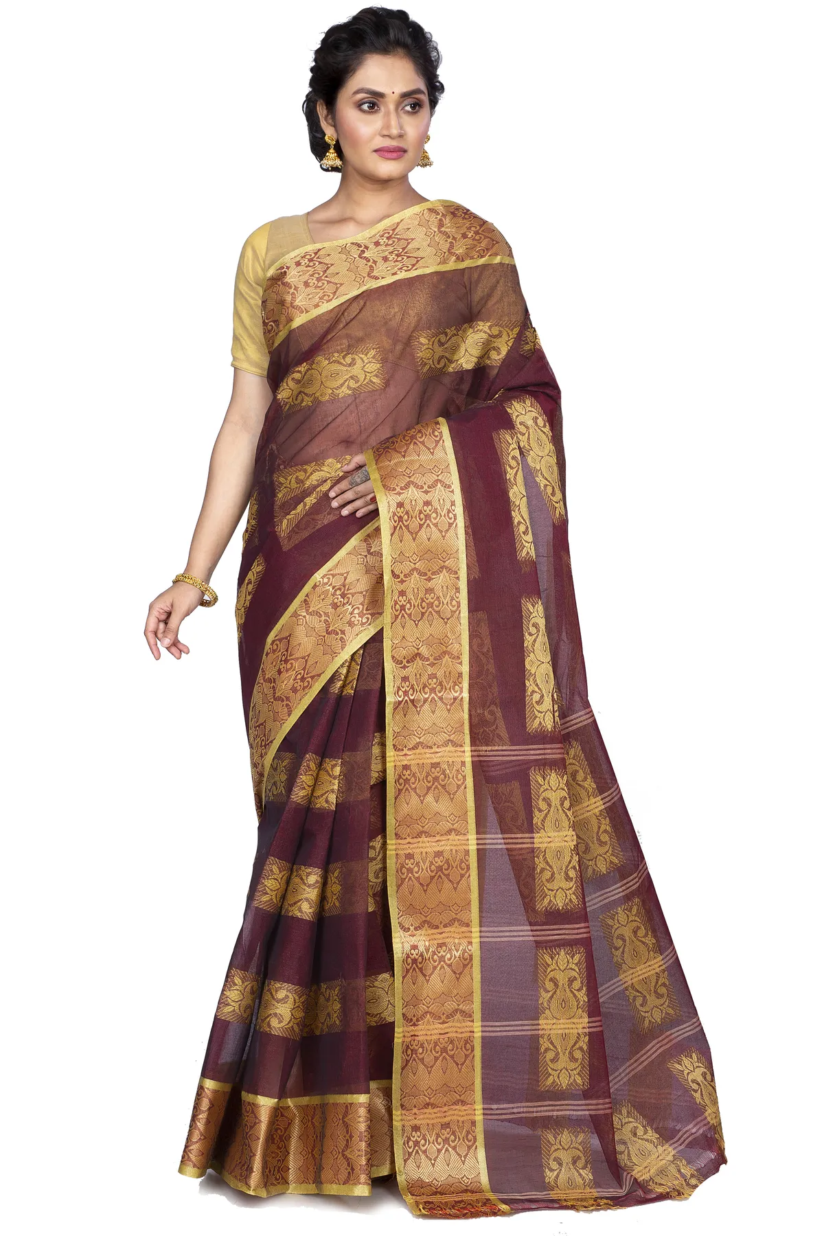 DipDiya Pure Cotton Brown Strip Suparna Masterfully Woven Tant Sarees