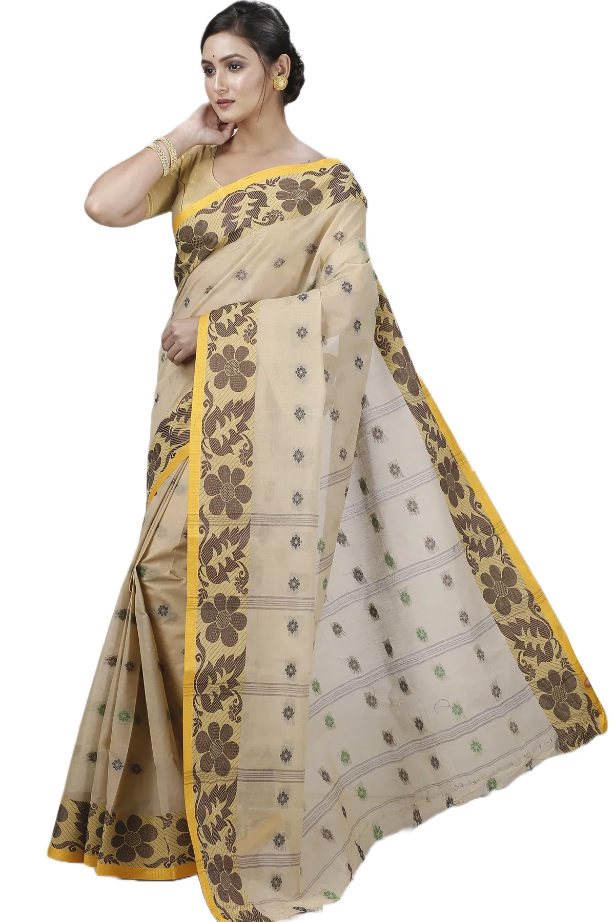 DipDiya Pure Cotton Brown Ushi Handcrafted Elegance Tant Sarees