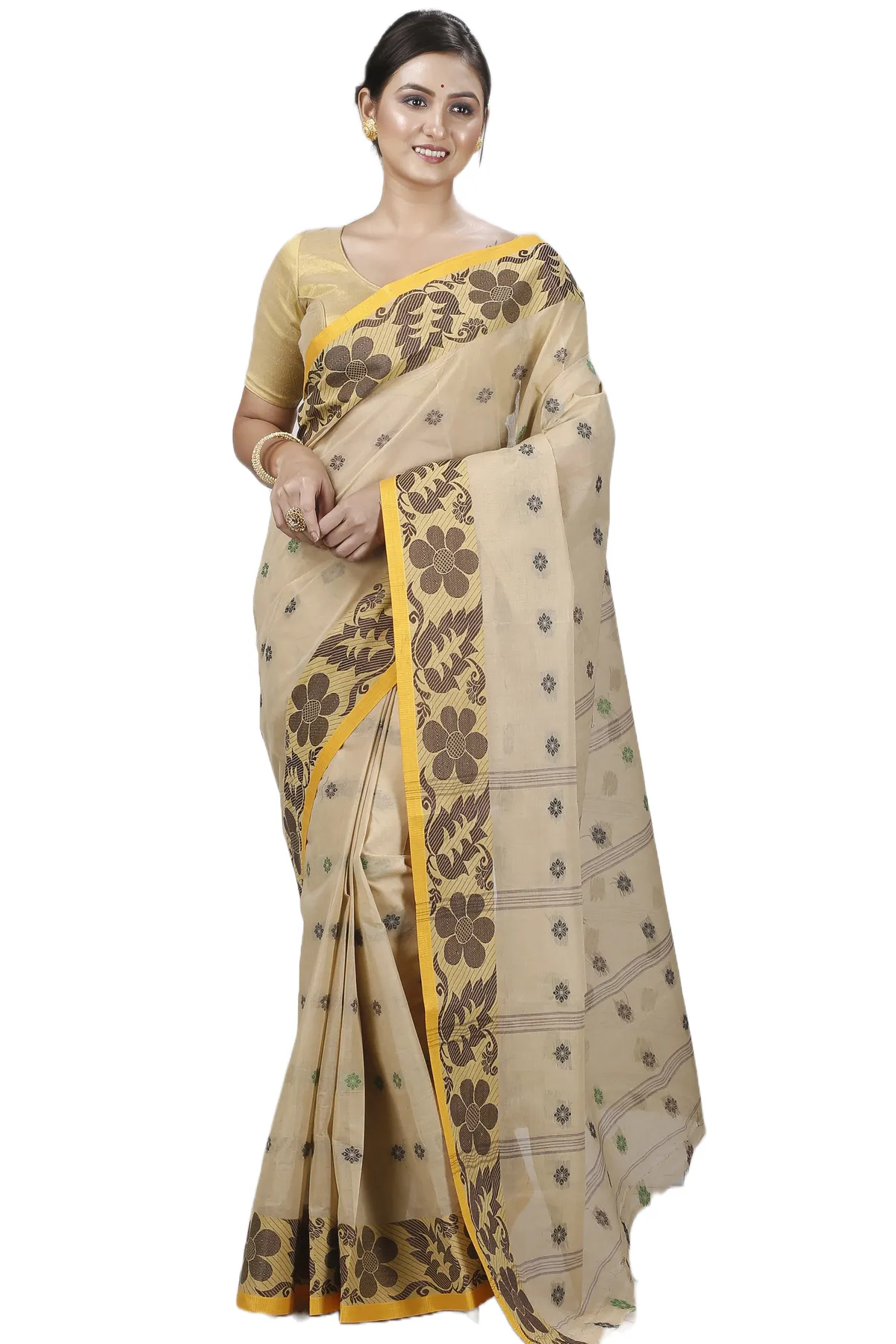 DipDiya Pure Cotton Brown Ushi Handcrafted Elegance Tant Sarees