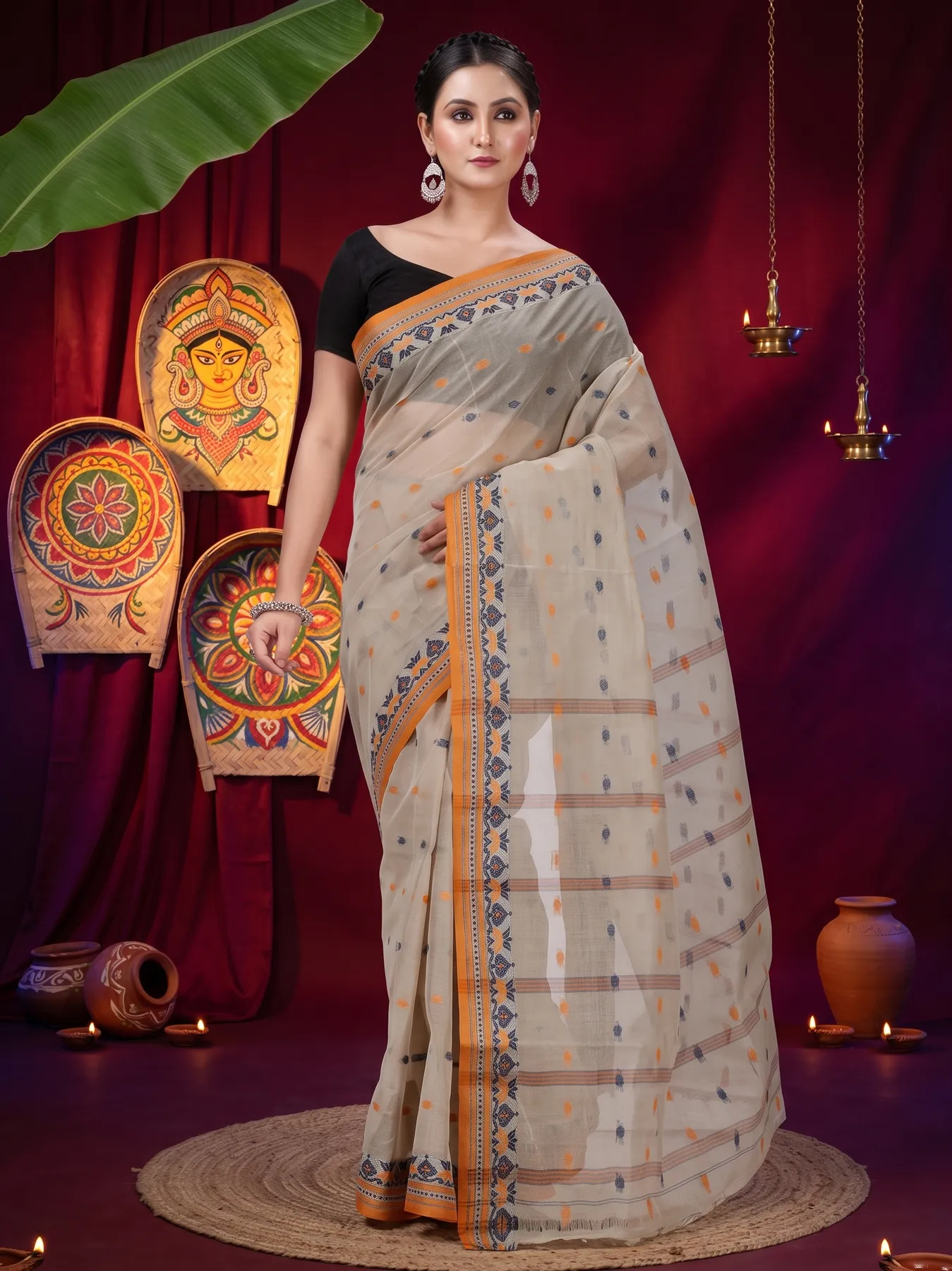 DipDiya Pure Cotton Brown Uvra Crafted in Bengal Tant Sarees