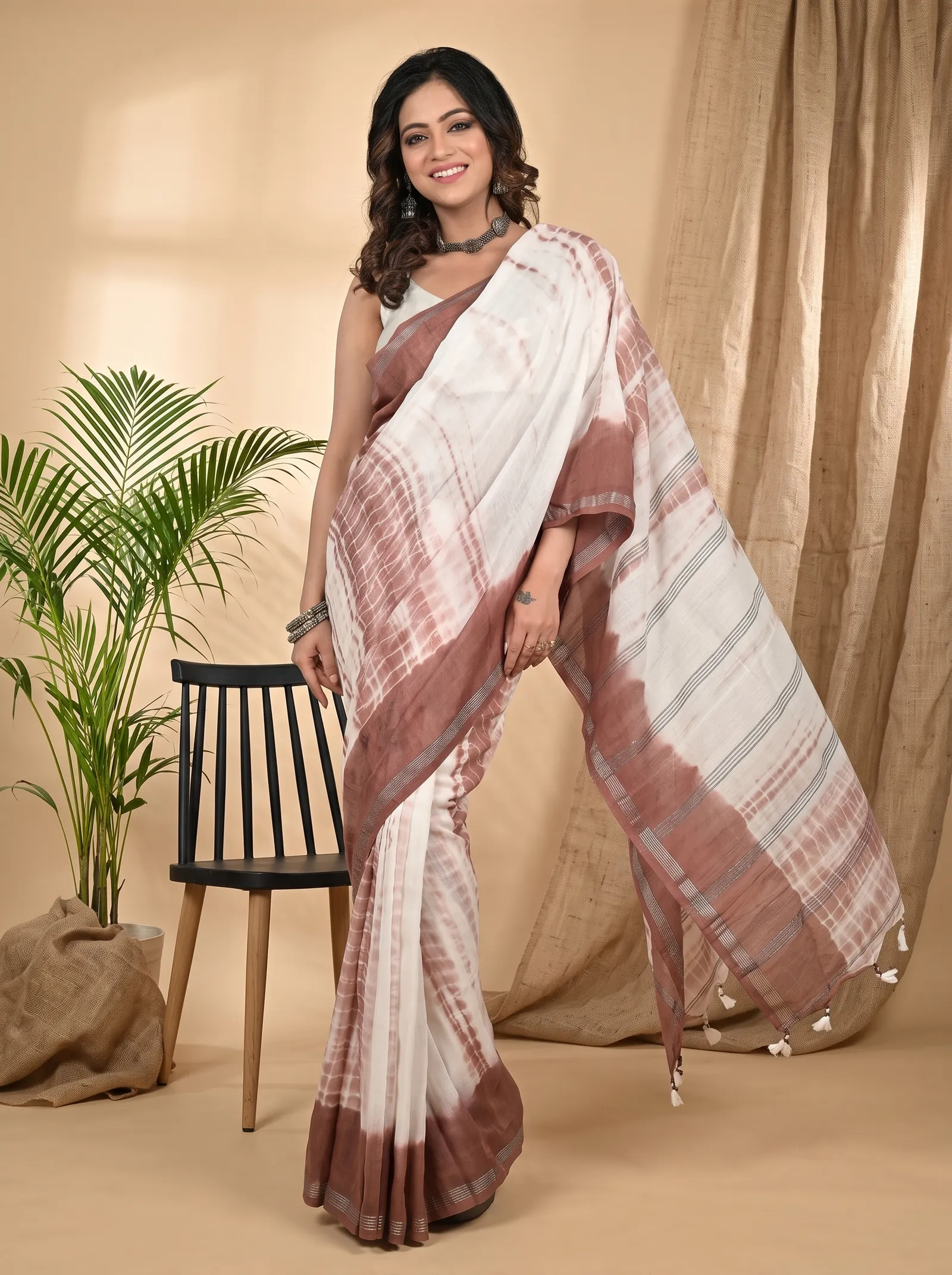 DipDiya Pure Cotton Brown White Achmol Elegant by Tradition Badhni Dye Sarees