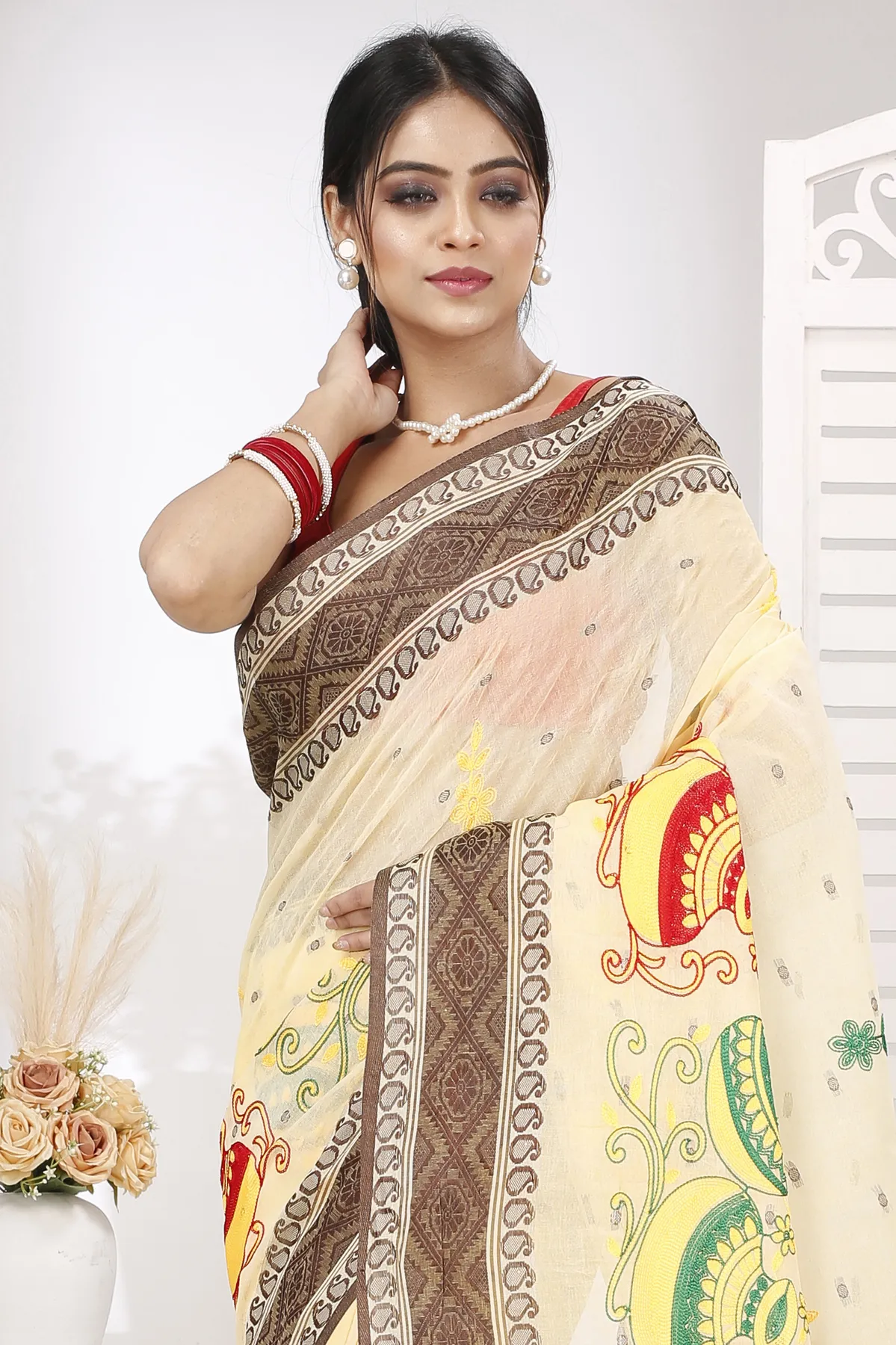 DipDiya Pure Cotton Brown White Embi Boysko Ghot Bengal’s Legacy Embroidery Tant Sarees