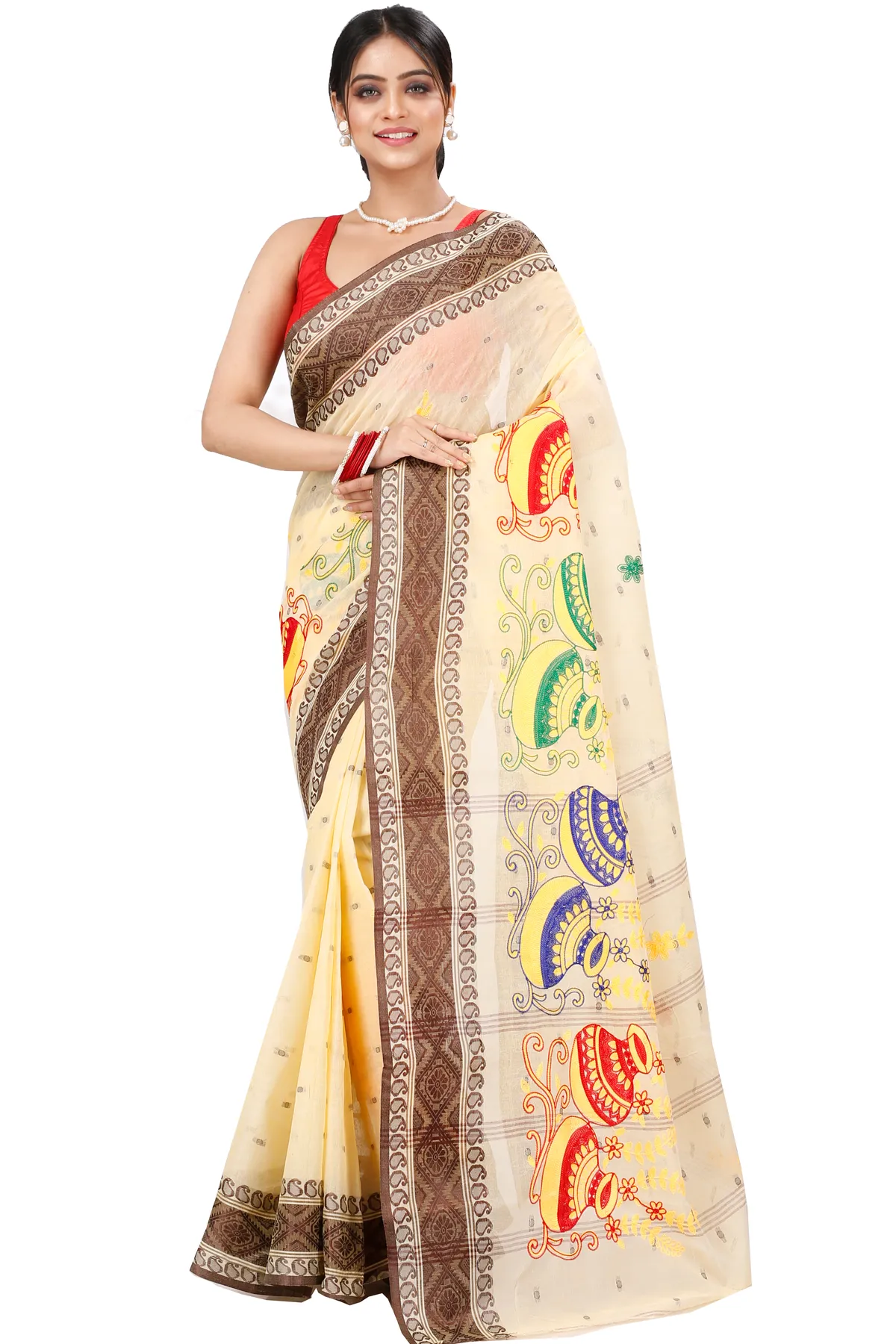 DipDiya Pure Cotton Brown White Embi Boysko Ghot Bengal’s Legacy Embroidery Tant Sarees