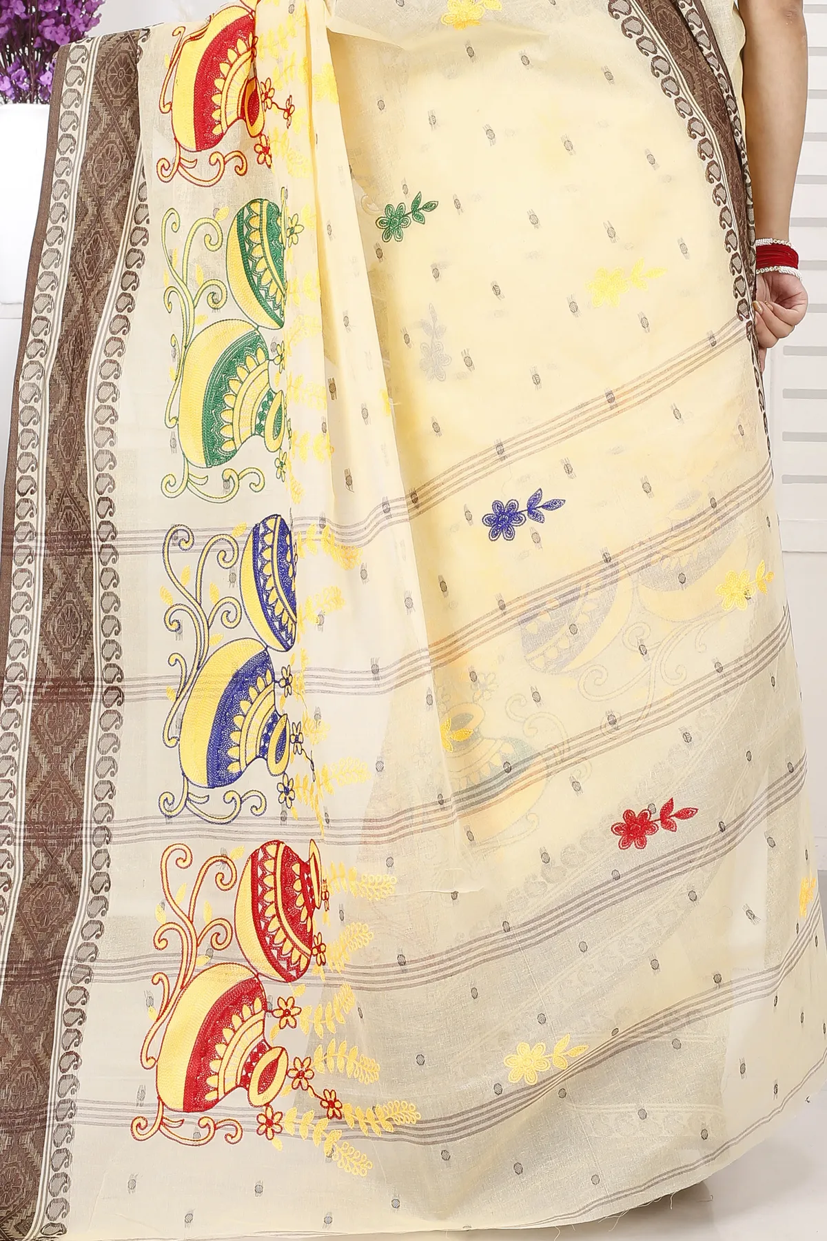 DipDiya Pure Cotton Brown White Embi Boysko Ghot Bengal’s Legacy Embroidery Tant Sarees