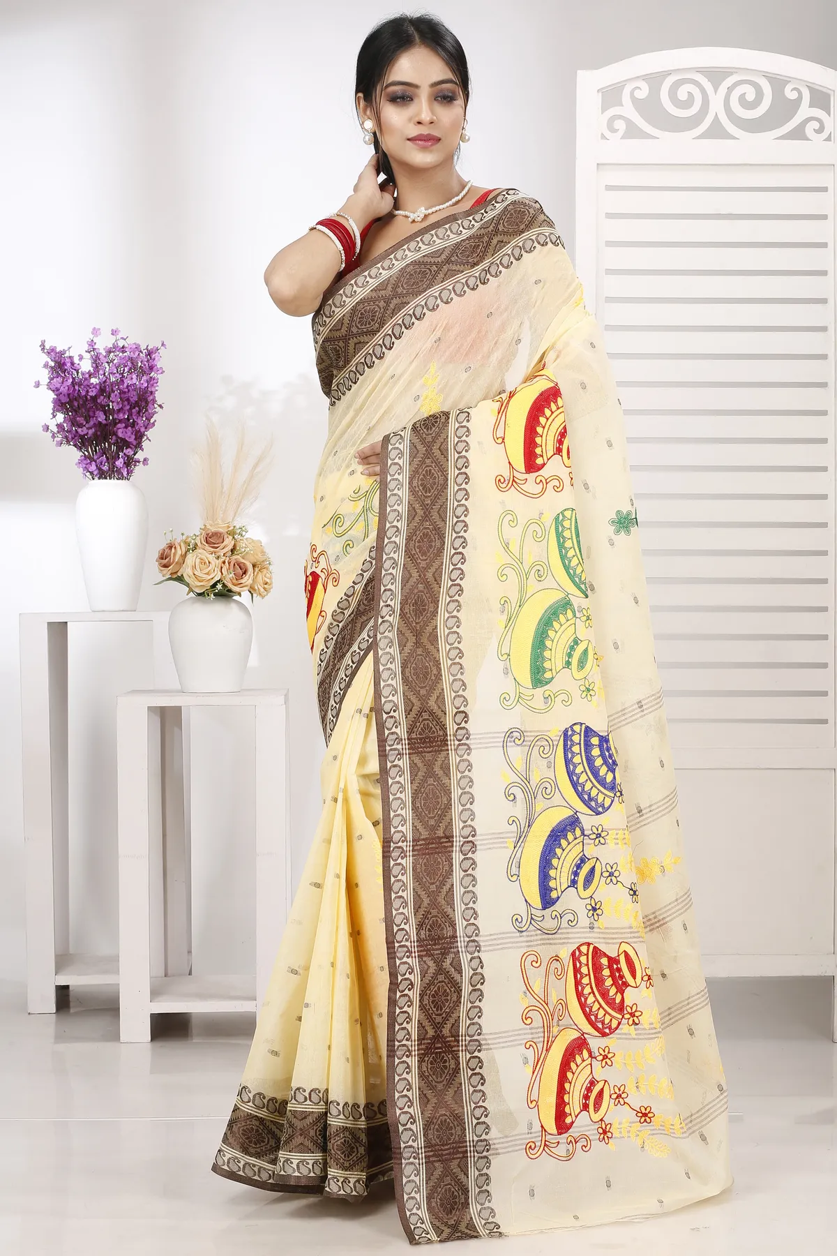 DipDiya Pure Cotton Brown White Embi Boysko Ghot Bengal’s Legacy Embroidery Tant Sarees