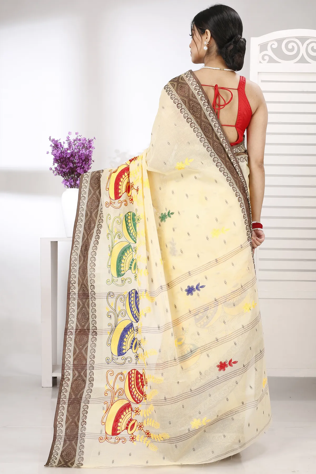 DipDiya Pure Cotton Brown White Embi Boysko Ghot Bengal’s Legacy Embroidery Tant Sarees
