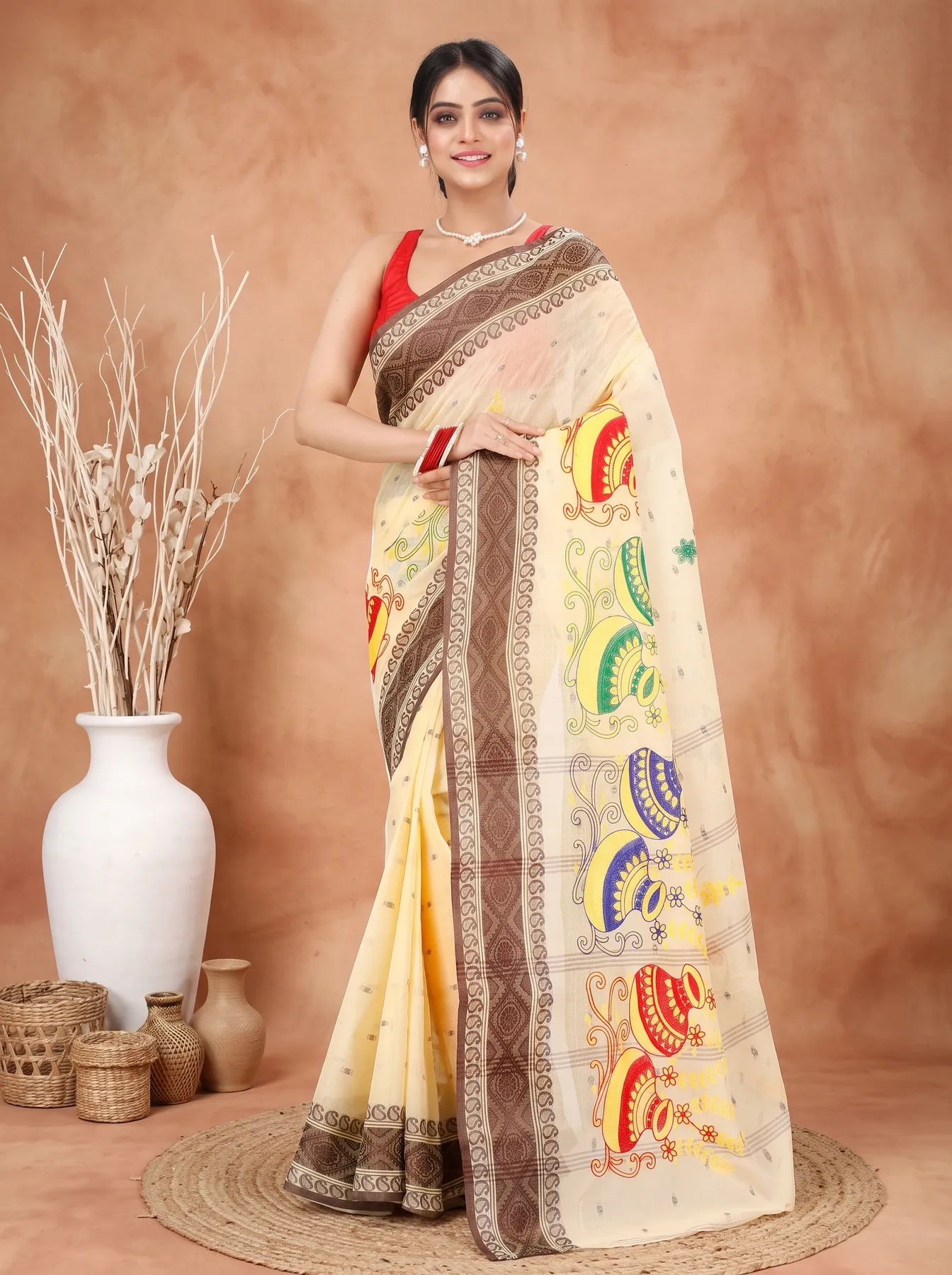 DipDiya Pure Cotton Brown White Embi Boysko Ghot Bengal’s Legacy Embroidery Tant Sarees