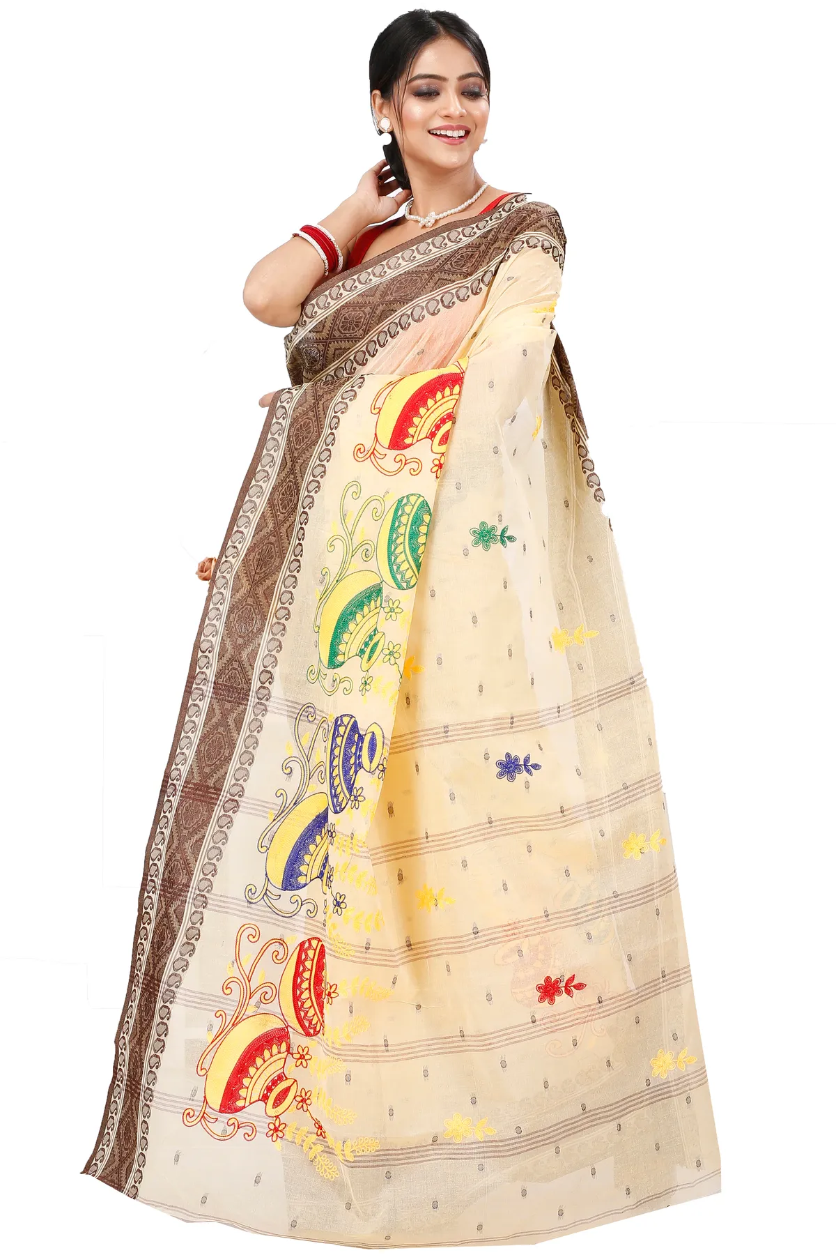 DipDiya Pure Cotton Brown White Embi Boysko Ghot Bengal’s Legacy Embroidery Tant Sarees