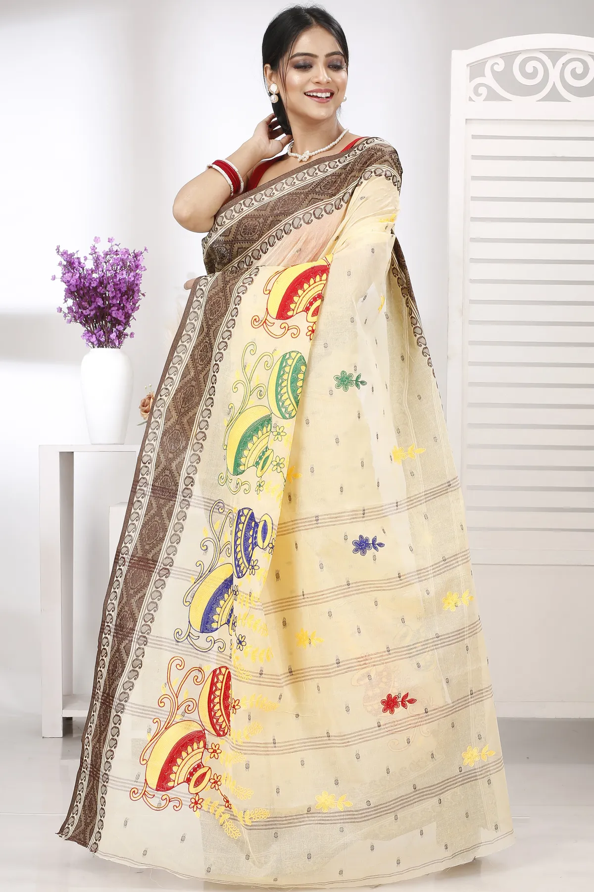 DipDiya Pure Cotton Brown White Embi Boysko Ghot Bengal’s Legacy Embroidery Tant Sarees