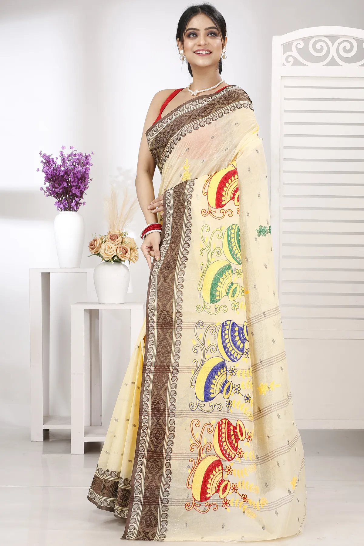 DipDiya Pure Cotton Brown White Embi Boysko Ghot Bengal’s Legacy Embroidery Tant Sarees