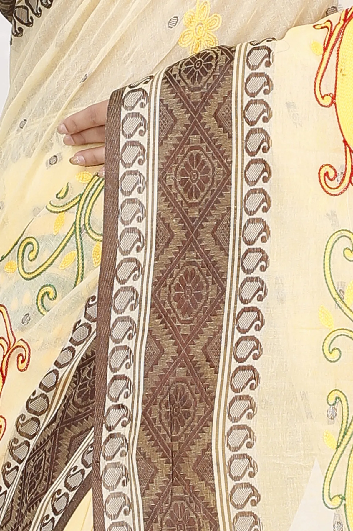 DipDiya Pure Cotton Brown White Embi Boysko Ghot Bengal’s Legacy Embroidery Tant Sarees