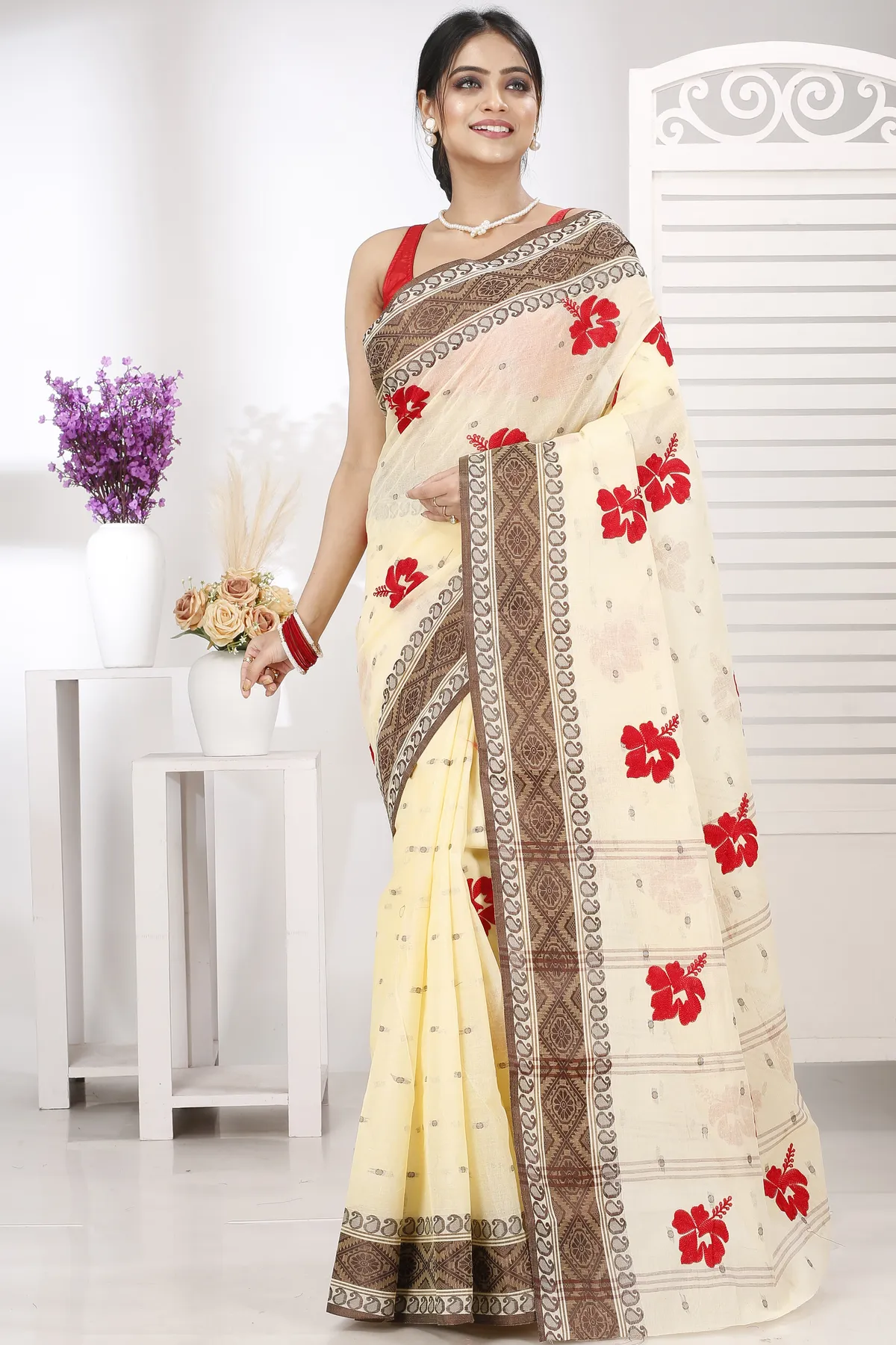 DipDiya Pure Cotton Brown White Embi Boysko Jova Timeless Elegance Embroidery Tant Sarees
