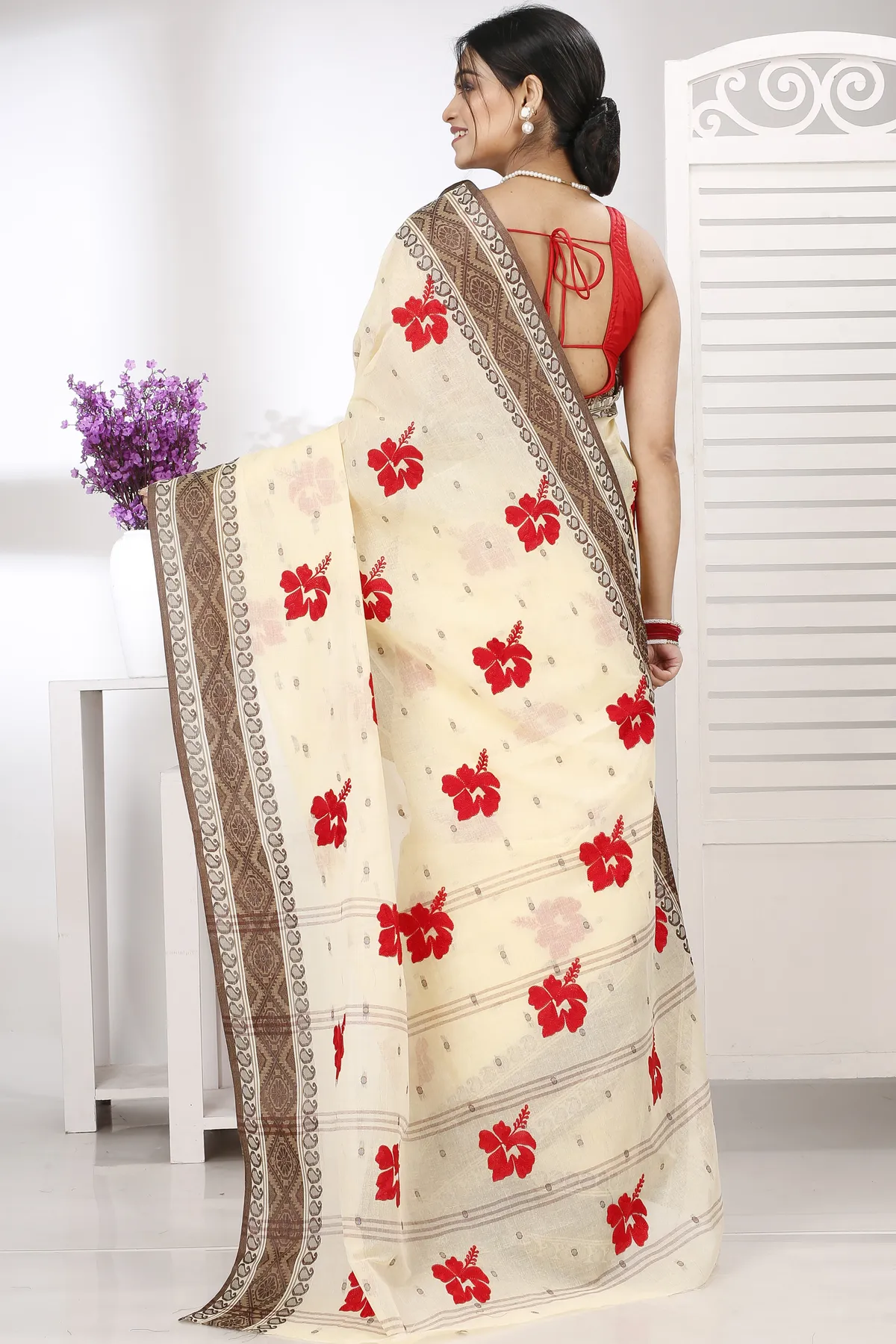 DipDiya Pure Cotton Brown White Embi Boysko Jova Timeless Elegance Embroidery Tant Sarees