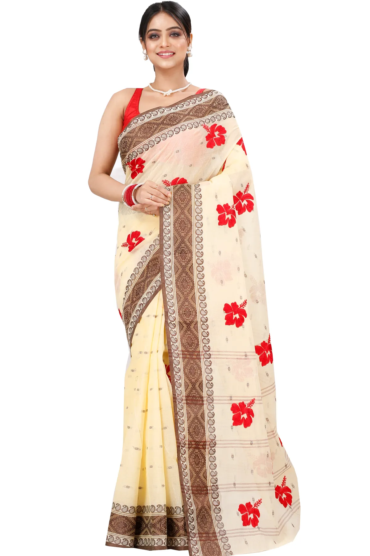 DipDiya Pure Cotton Brown White Embi Boysko Jova Timeless Elegance Embroidery Tant Sarees