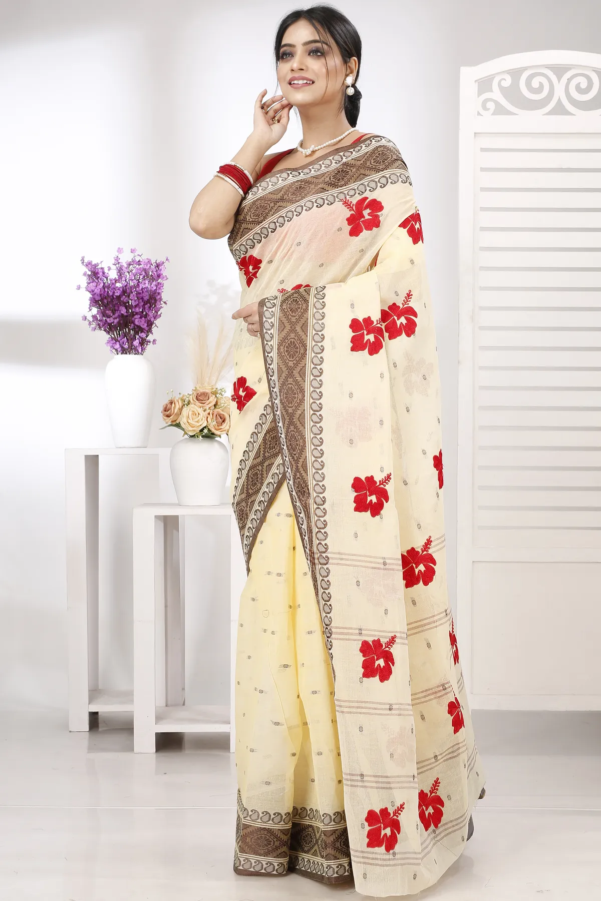DipDiya Pure Cotton Brown White Embi Boysko Jova Timeless Elegance Embroidery Tant Sarees