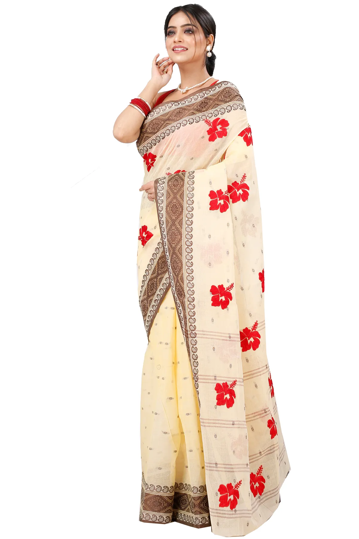 DipDiya Pure Cotton Brown White Embi Boysko Jova Timeless Elegance Embroidery Tant Sarees