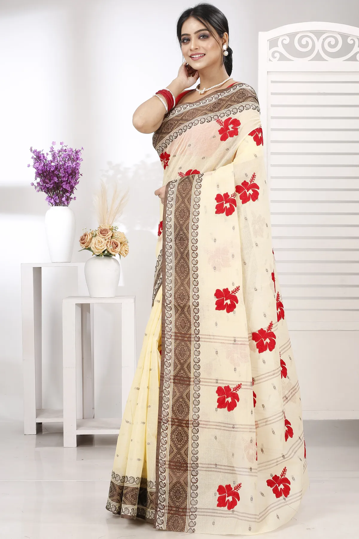DipDiya Pure Cotton Brown White Embi Boysko Jova Timeless Elegance Embroidery Tant Sarees