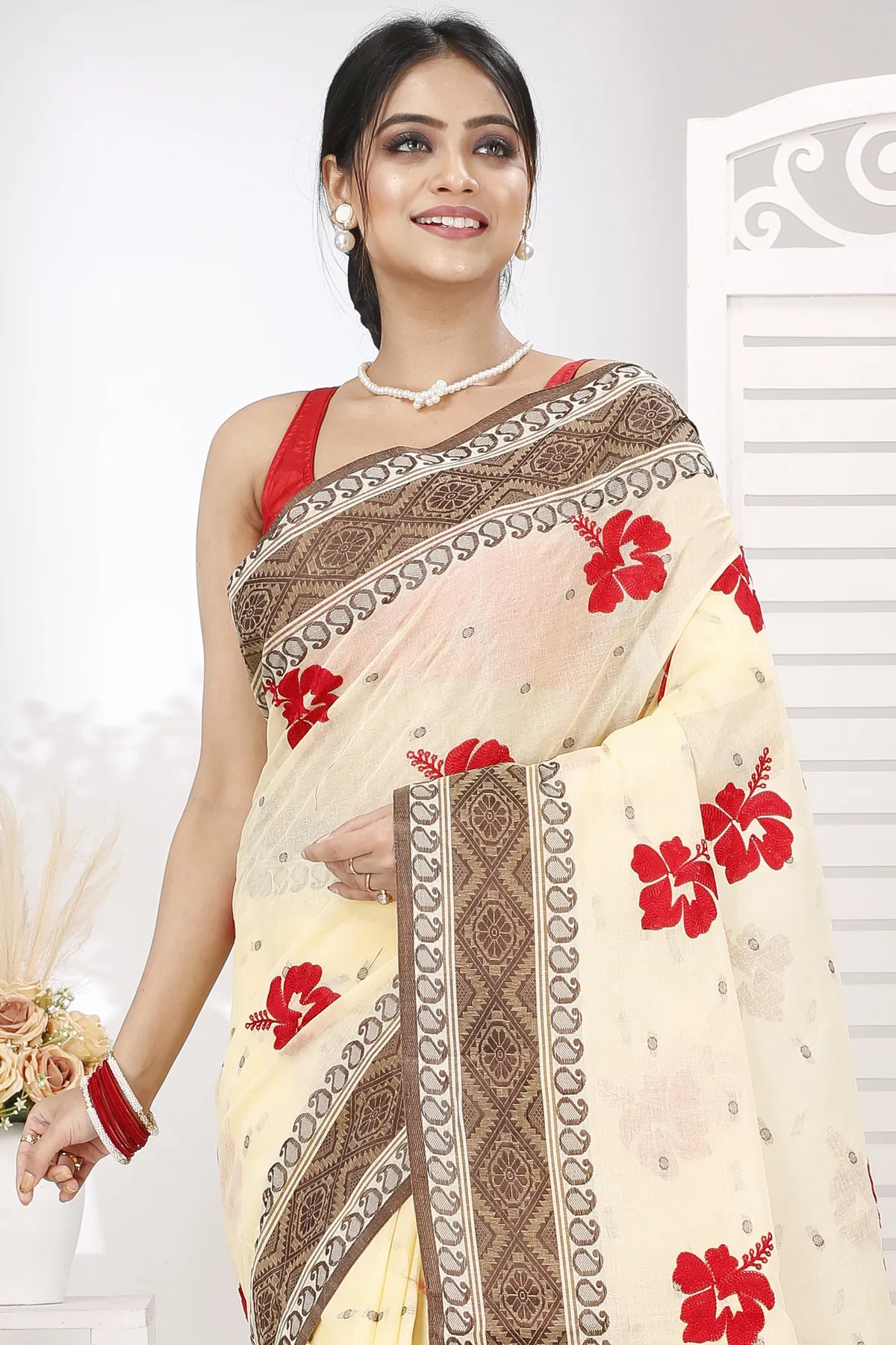 DipDiya Pure Cotton Brown White Embi Boysko Jova Timeless Elegance Embroidery Tant Sarees