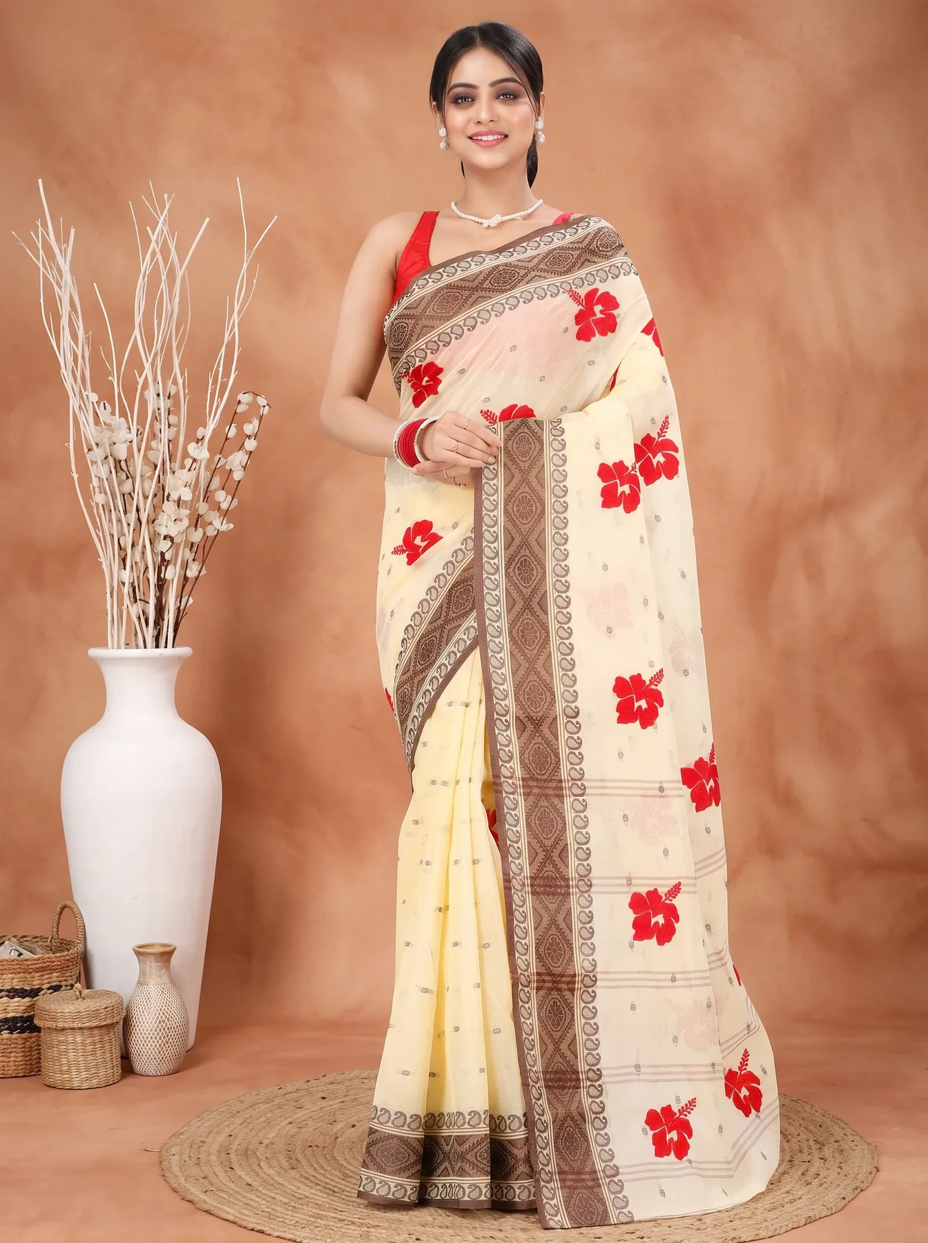 DipDiya Pure Cotton Brown White Embi Boysko Jova Timeless Elegance Embroidery Tant Sarees