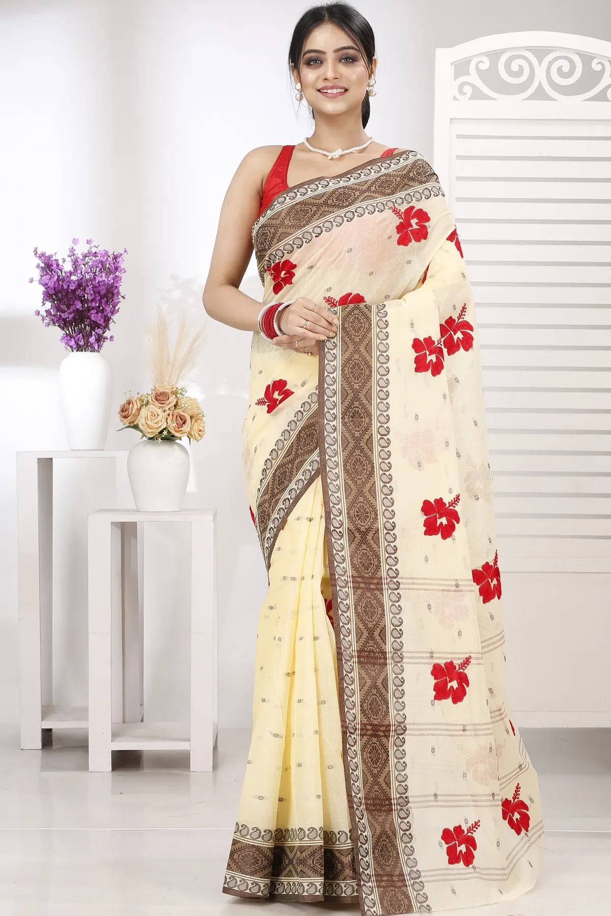 DipDiya Pure Cotton Brown White Embi Boysko Jova Timeless Elegance Embroidery Tant Sarees