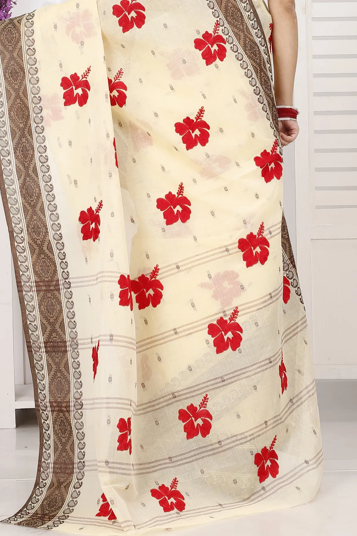 DipDiya Pure Cotton Brown White Embi Boysko Jova Timeless Elegance Embroidery Tant Sarees
