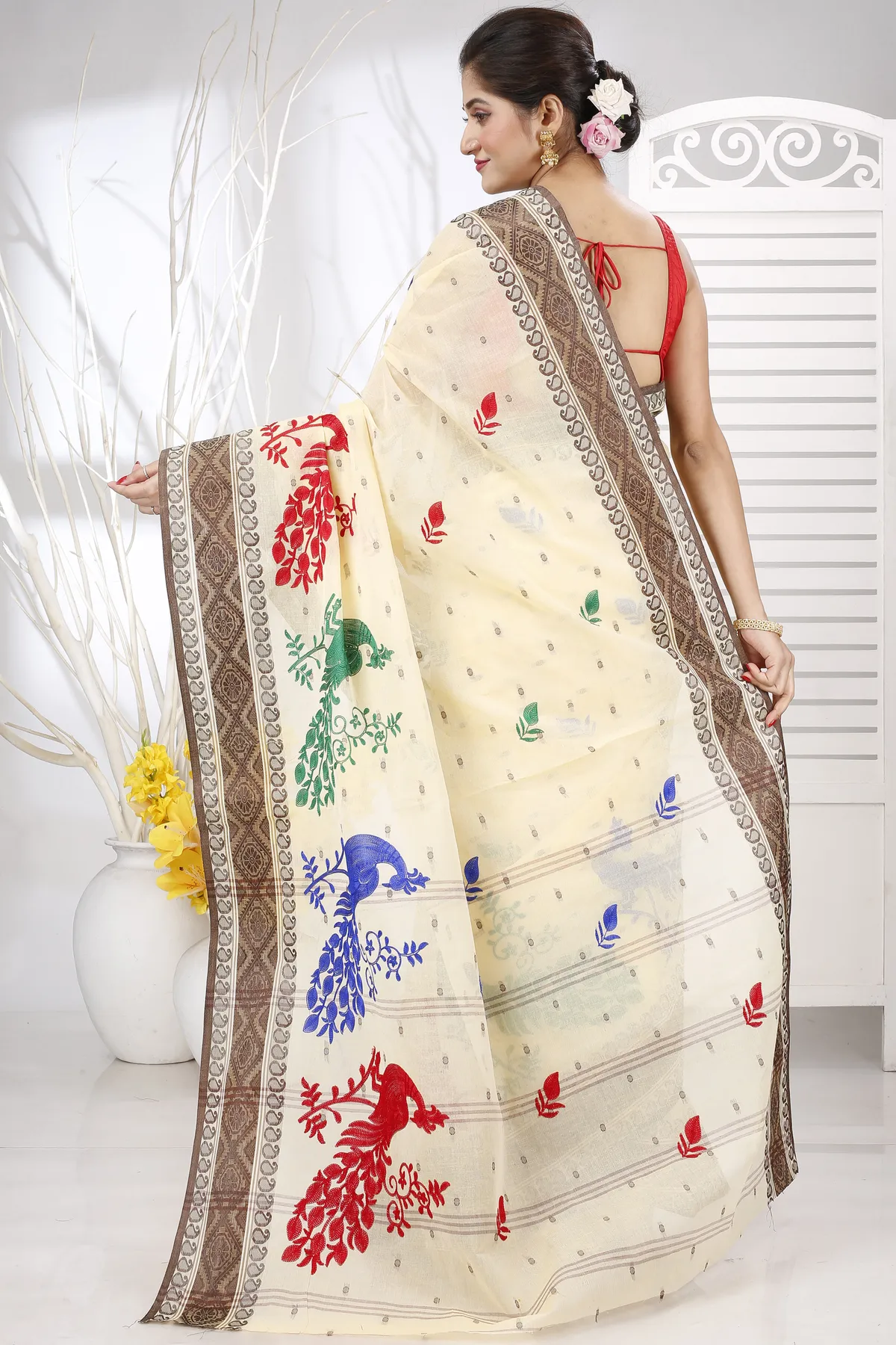 DipDiya Pure Cotton Brown White Embi Boysko Moyur Weaves with a Story Embroidery Tant Sarees