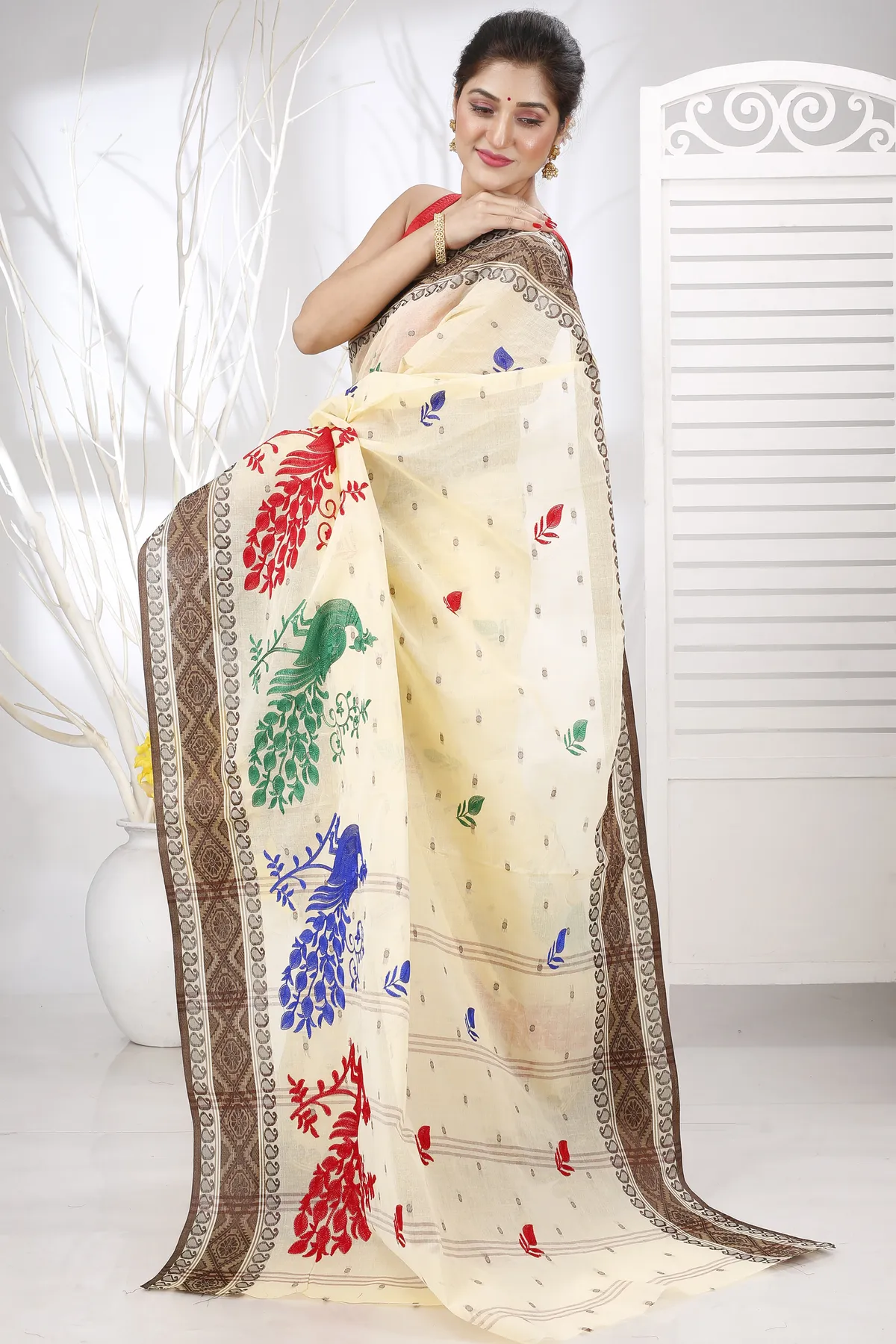 DipDiya Pure Cotton Brown White Embi Boysko Moyur Weaves with a Story Embroidery Tant Sarees