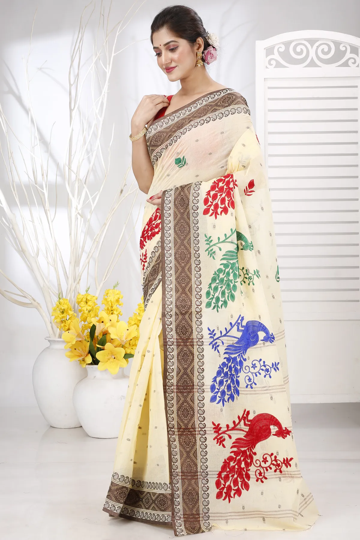DipDiya Pure Cotton Brown White Embi Boysko Moyur Weaves with a Story Embroidery Tant Sarees