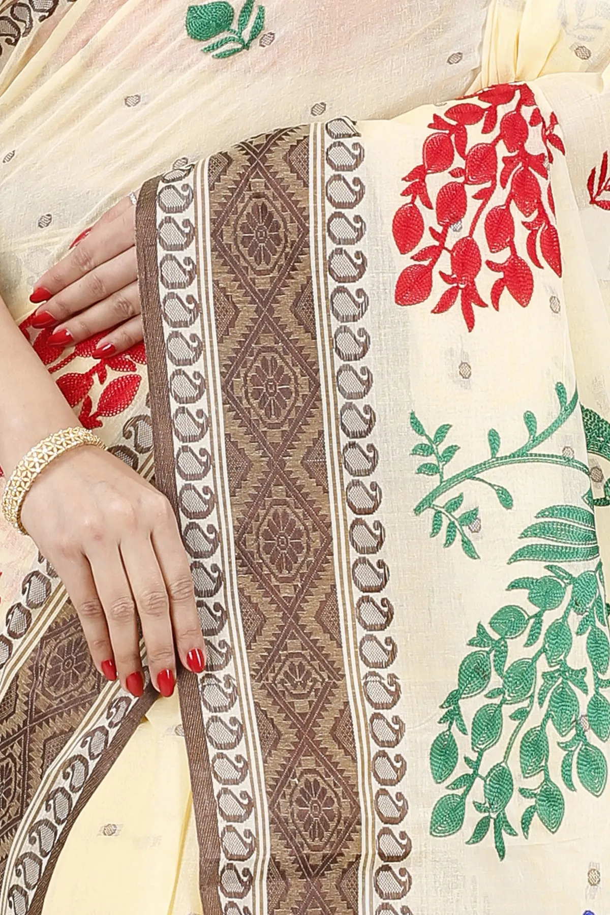 DipDiya Pure Cotton Brown White Embi Boysko Moyur Weaves with a Story Embroidery Tant Sarees
