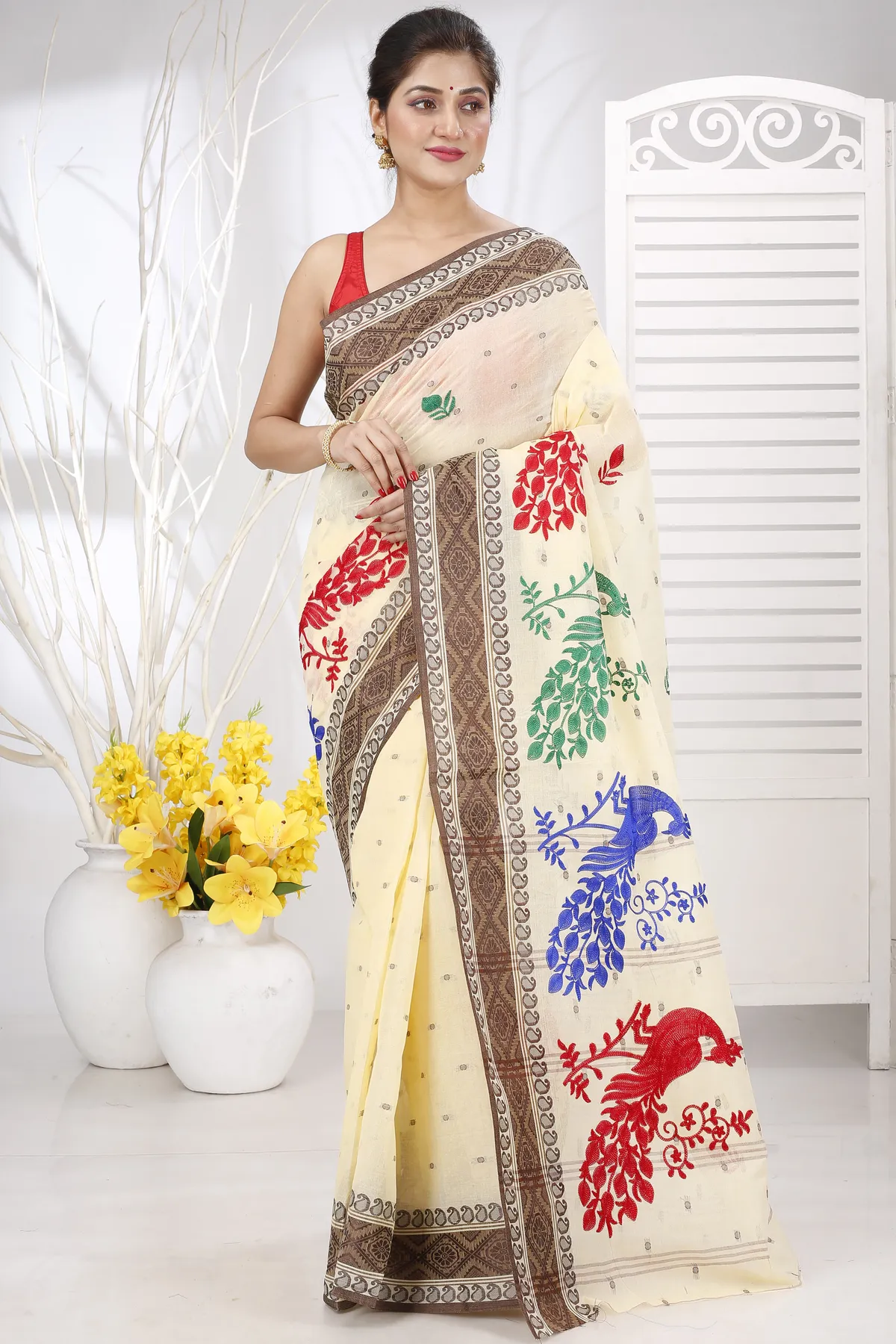 DipDiya Pure Cotton Brown White Embi Boysko Moyur Weaves with a Story Embroidery Tant Sarees