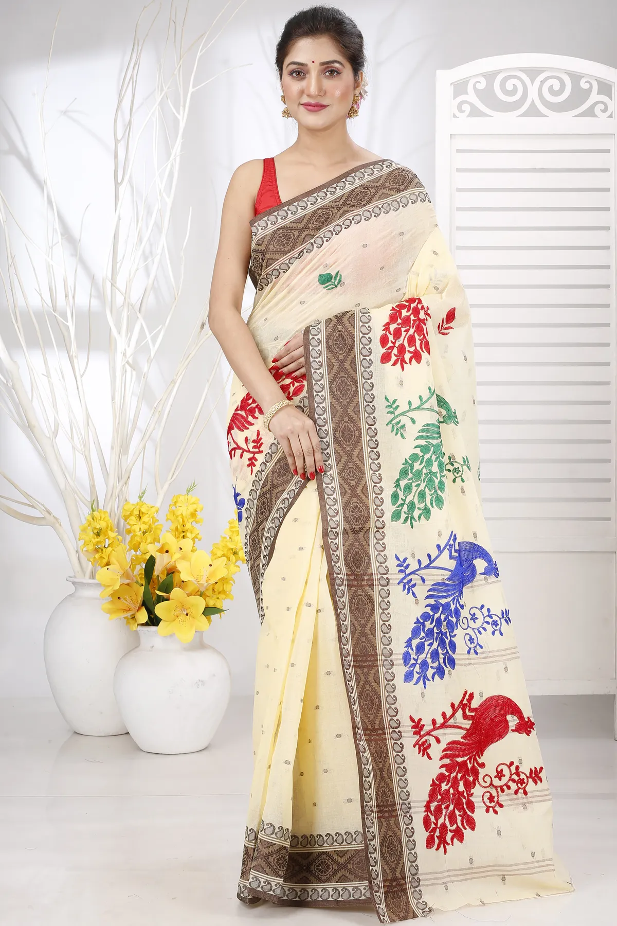 DipDiya Pure Cotton Brown White Embi Boysko Moyur Weaves with a Story Embroidery Tant Sarees