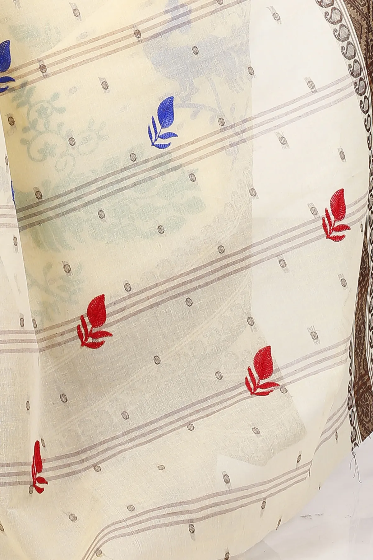 DipDiya Pure Cotton Brown White Embi Boysko Moyur Weaves with a Story Embroidery Tant Sarees