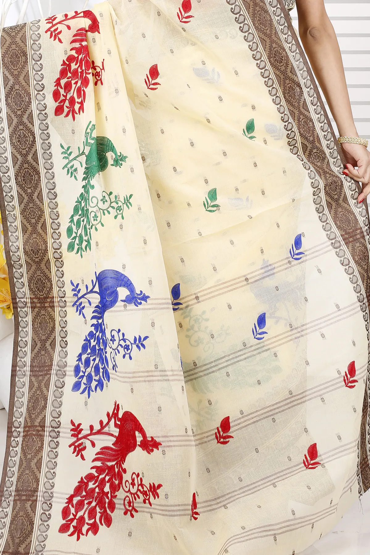 DipDiya Pure Cotton Brown White Embi Boysko Moyur Weaves with a Story Embroidery Tant Sarees