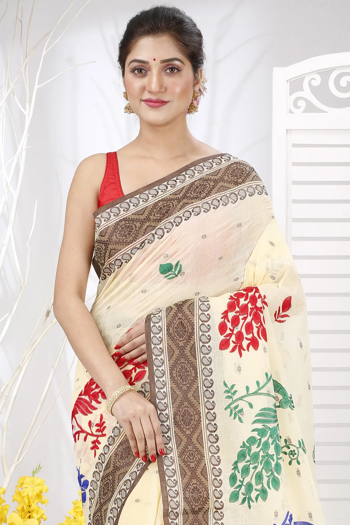 DipDiya Pure Cotton Brown White Embi Boysko Moyur Weaves with a Story Embroidery Tant Sarees