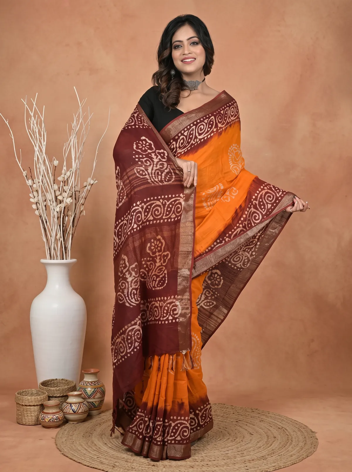 DipDiya Pure Cotton Brown Yellow Batikato Bengali Heritage Batik Print Sarees