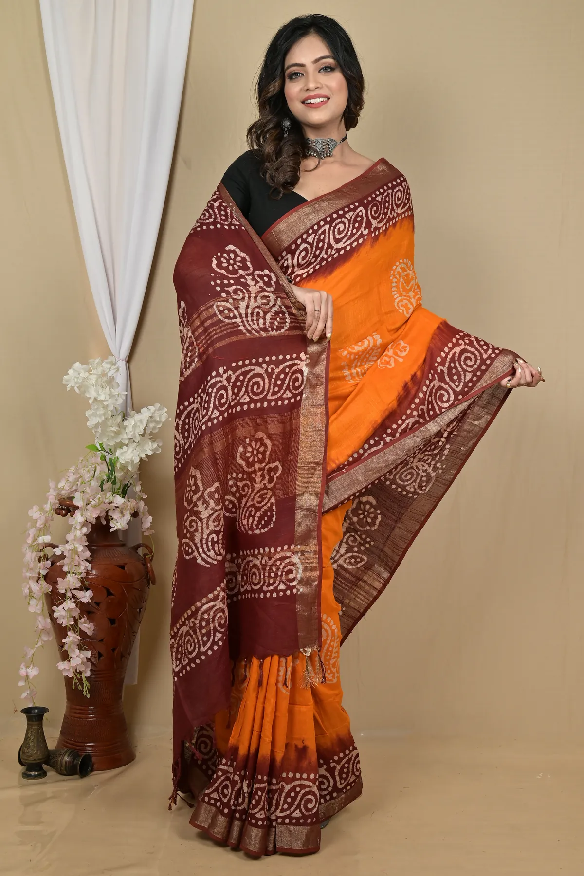 DipDiya Pure Cotton Brown Yellow Batikato Bengali Heritage Batik Print Sarees