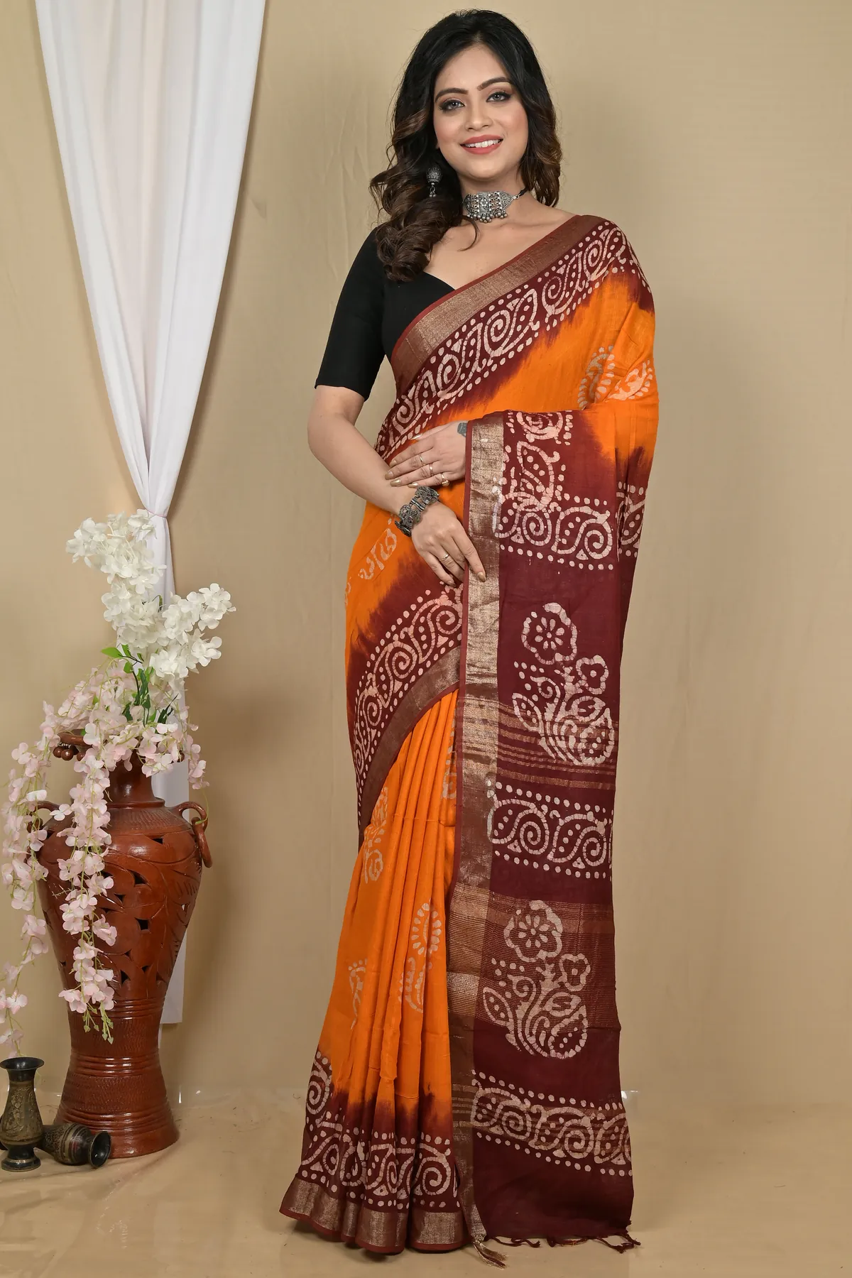 DipDiya Pure Cotton Brown Yellow Batikato Bengali Heritage Batik Print Sarees