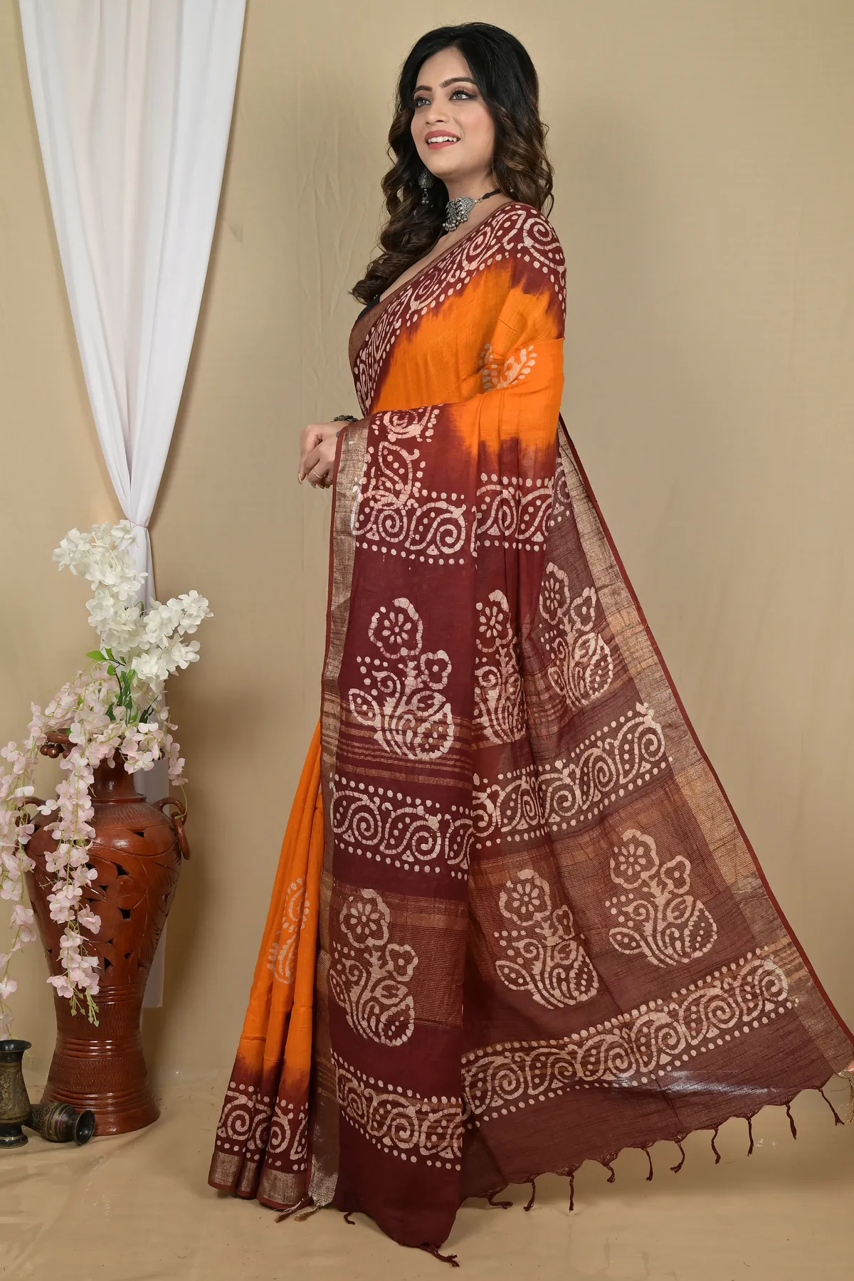 DipDiya Pure Cotton Brown Yellow Batikato Bengali Heritage Batik Print Sarees