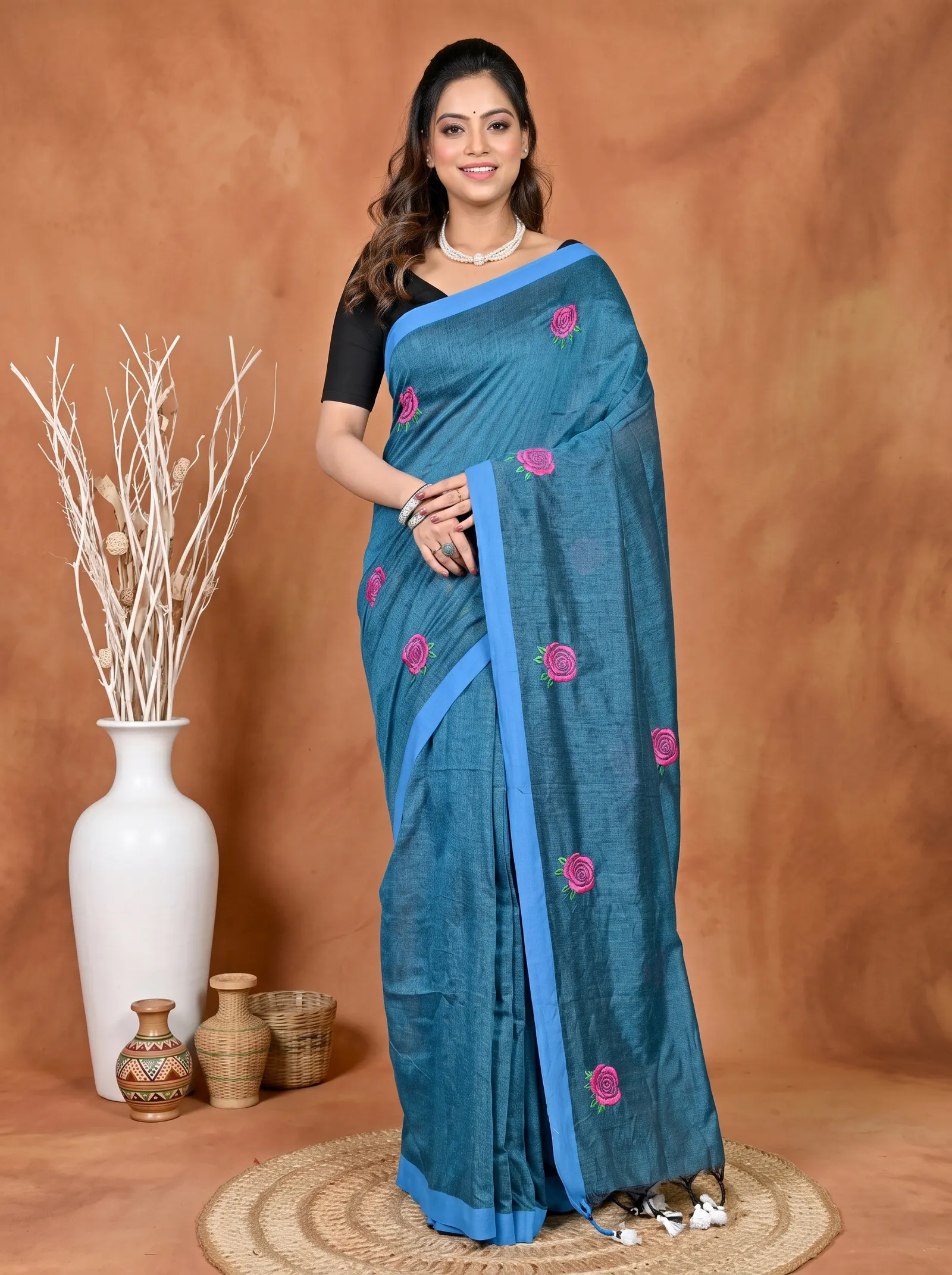 DipDiya Pure Cotton Cobalt Blue Parag Bengal in Every Thread Embroidery Handloom sarees