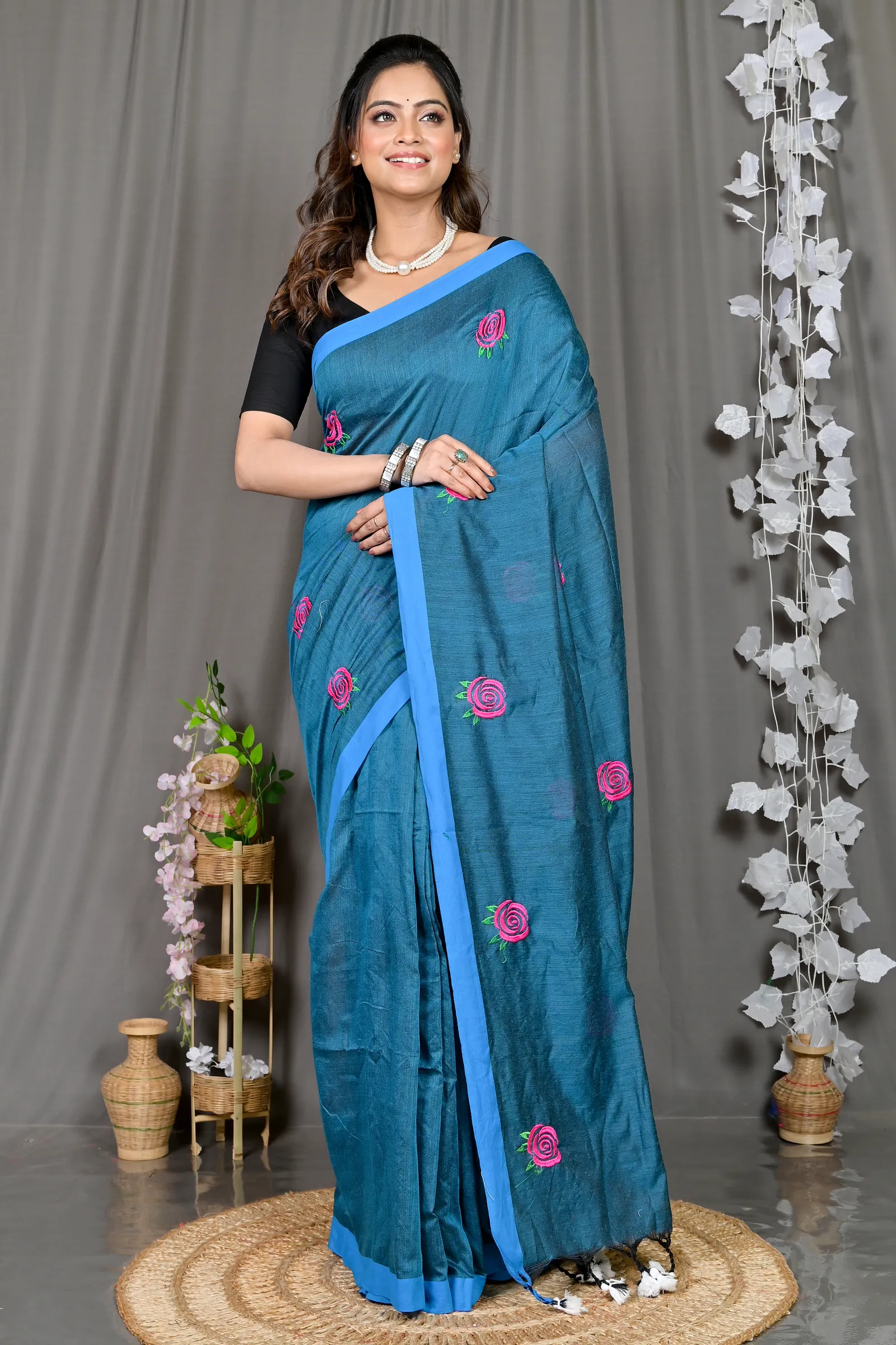DipDiya Pure Cotton Cobalt Blue Parag Bengal in Every Thread Embroidery Handloom sarees