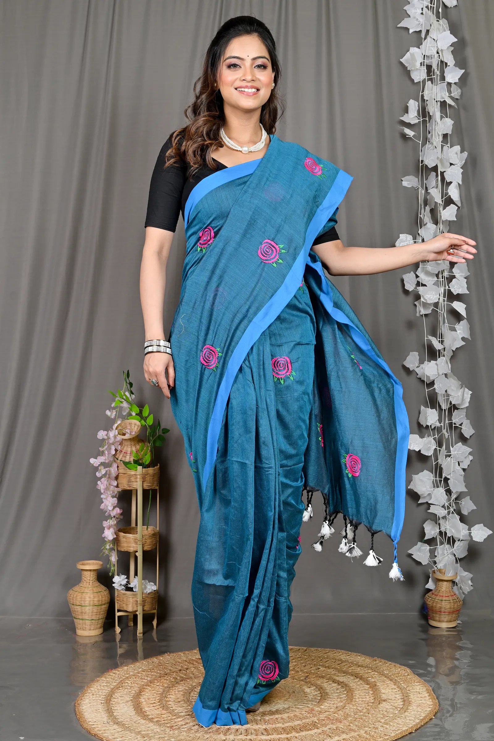 DipDiya Pure Cotton Cobalt Blue Parag Bengal in Every Thread Embroidery Handloom sarees
