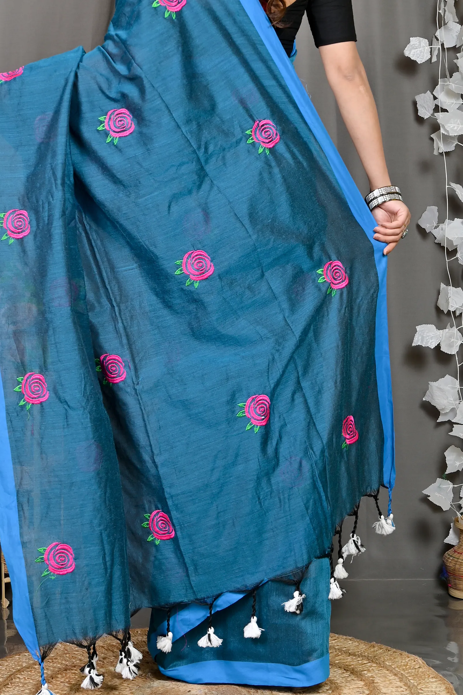 DipDiya Pure Cotton Cobalt Blue Parag Bengal in Every Thread Embroidery Handloom sarees