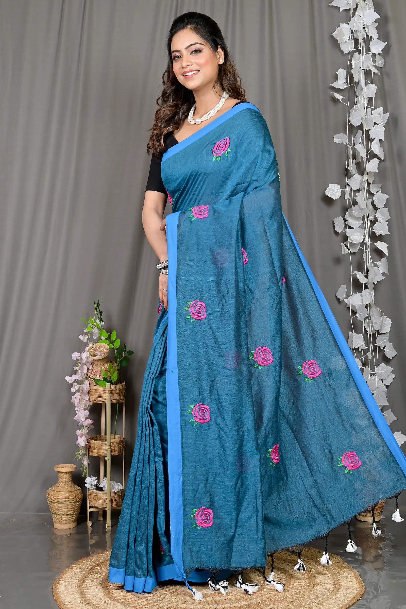 DipDiya Pure Cotton Cobalt Blue Parag Bengal in Every Thread Embroidery Handloom sarees