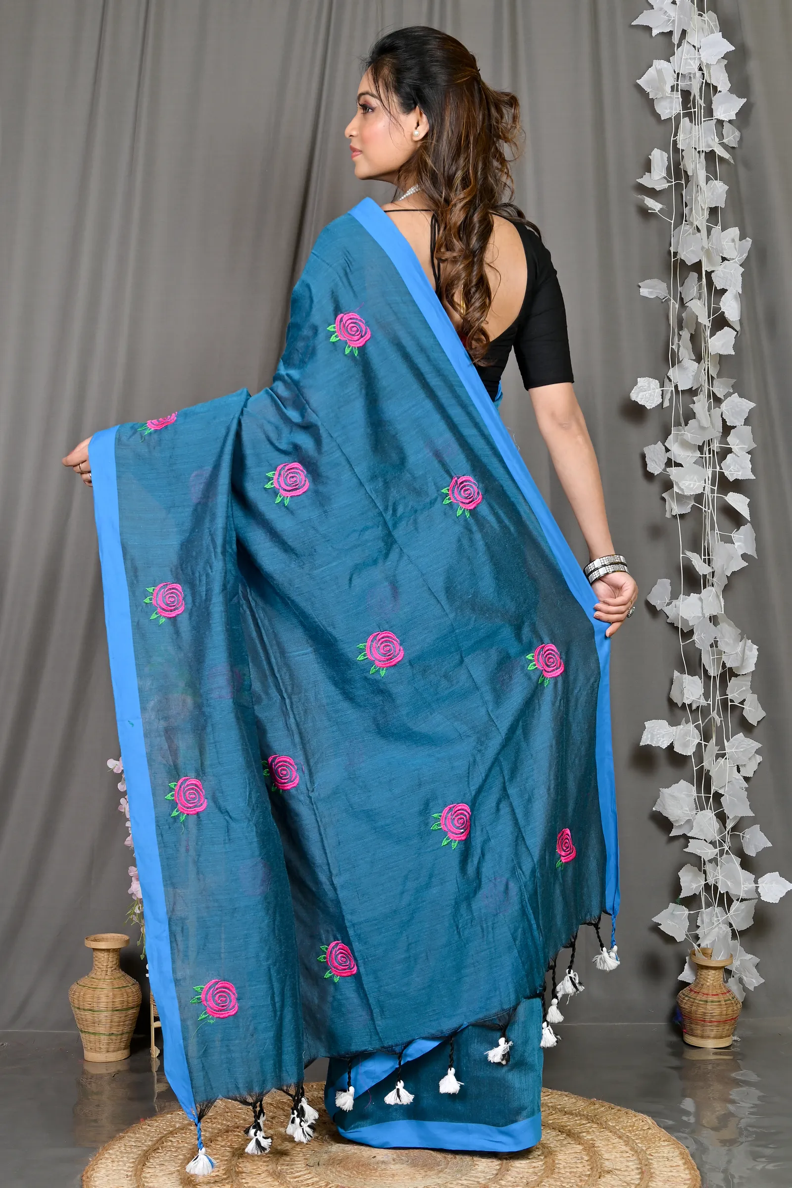 DipDiya Pure Cotton Cobalt Blue Parag Bengal in Every Thread Embroidery Handloom sarees